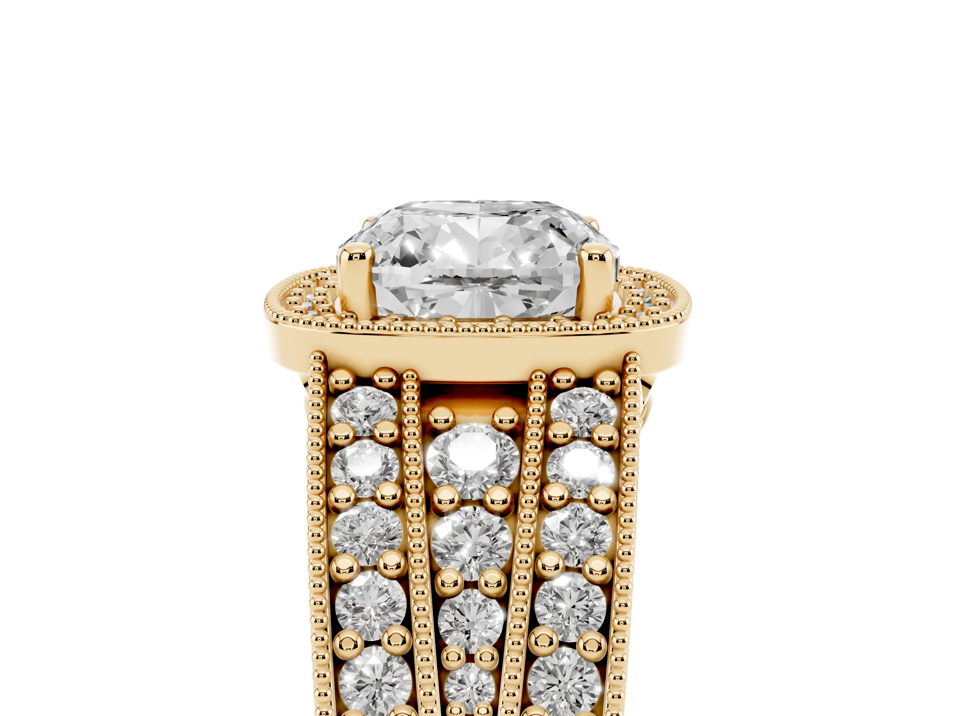 Cushion Cut Diamond Halo Ring Set in Yellow gold with Accent Split Shank and Prong Setting