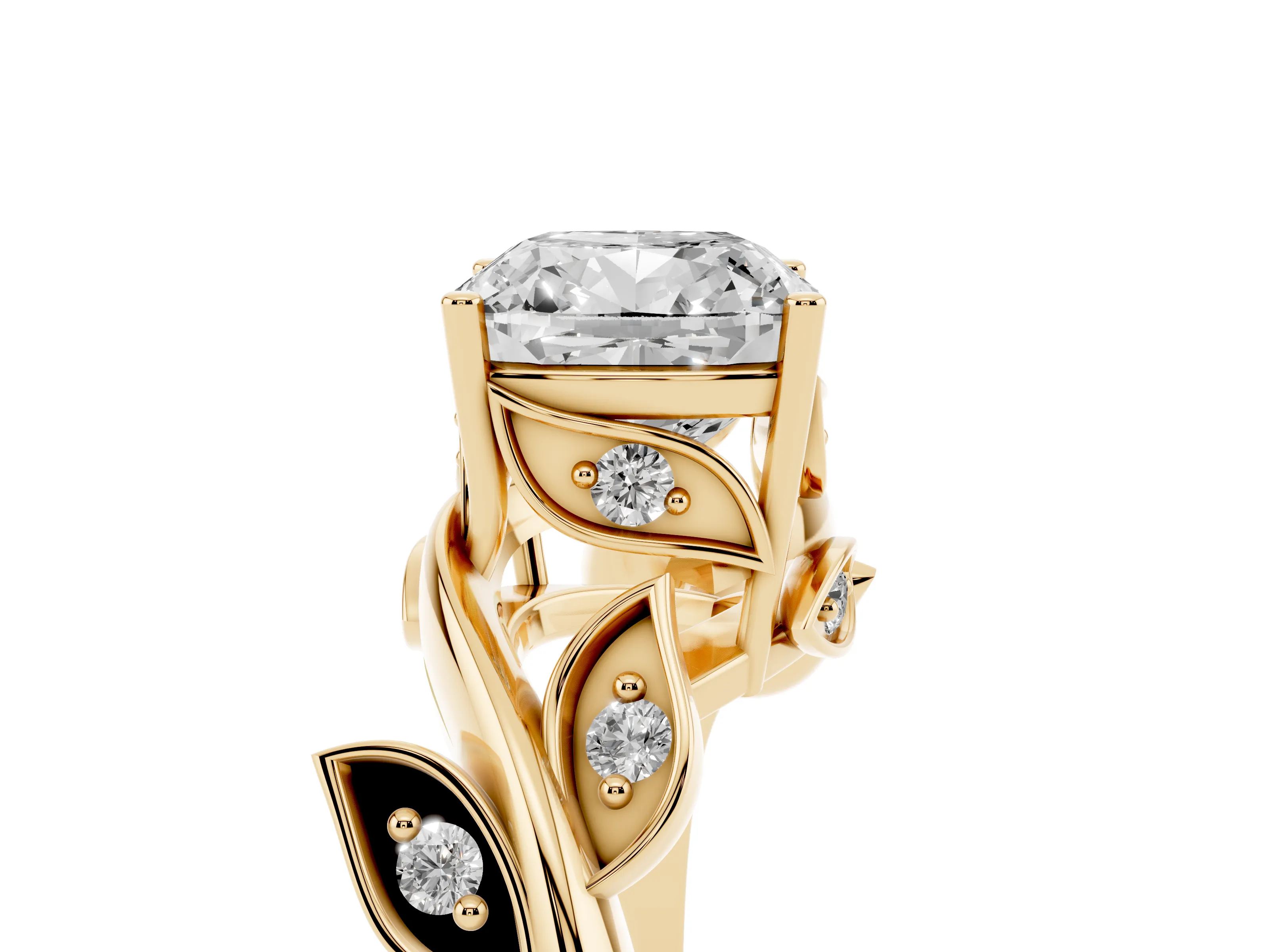 Cushion Cut Diamond Solitaire Twist Engagement Ring Set in Yellow gold with Pavé Leaf Accents