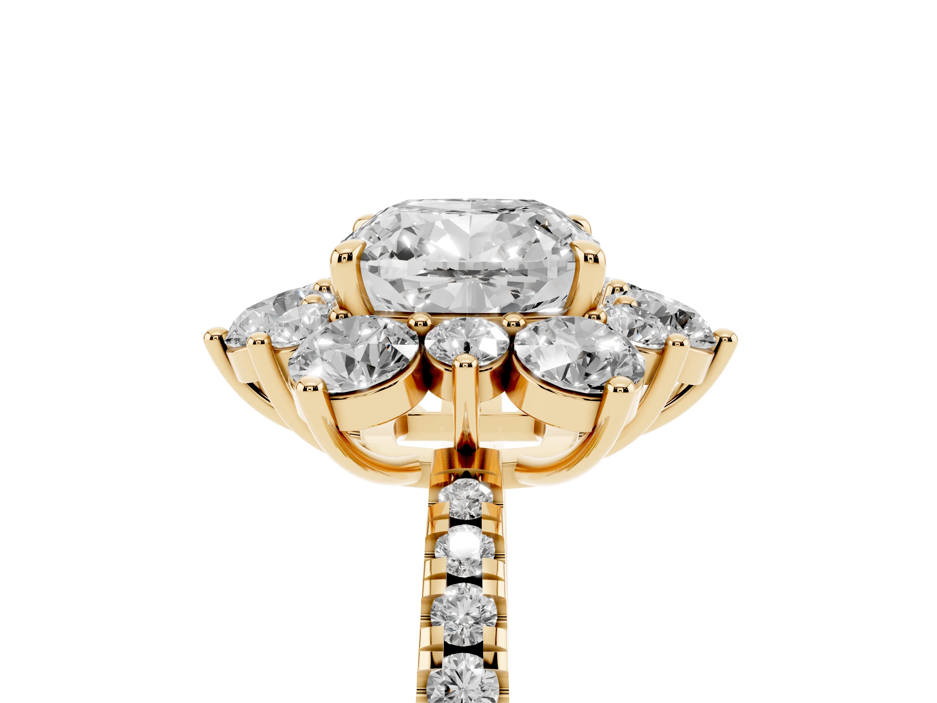 Cushion Cut Diamond Floral Halo Ring Set in Yellow gold with Round Pavé Band and Prong Setting