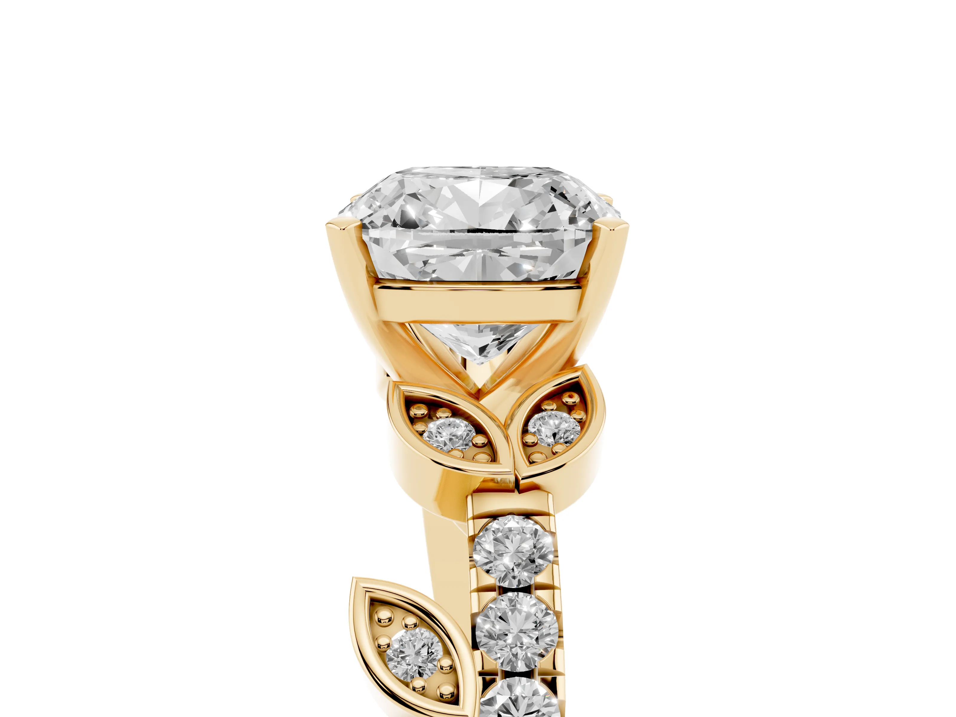 Cushion Cut Diamond Solitaire Leaf-Inspired Ring Set in Yellow gold with Pavé Band and Prong Setting