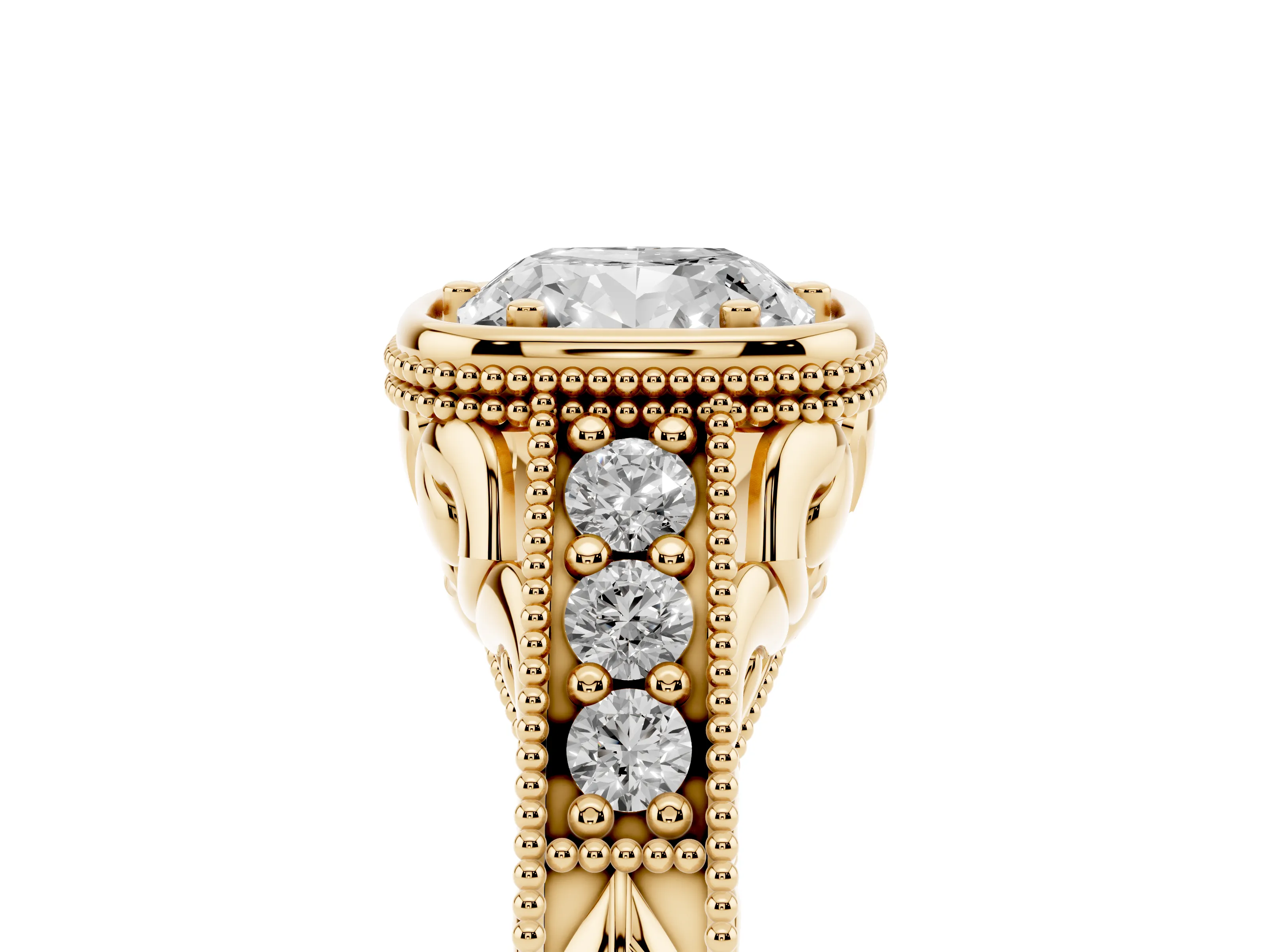 Bezel Set Cushion Cut Diamond Milgrain Pavé Engagement Ring Set in Yellow gold