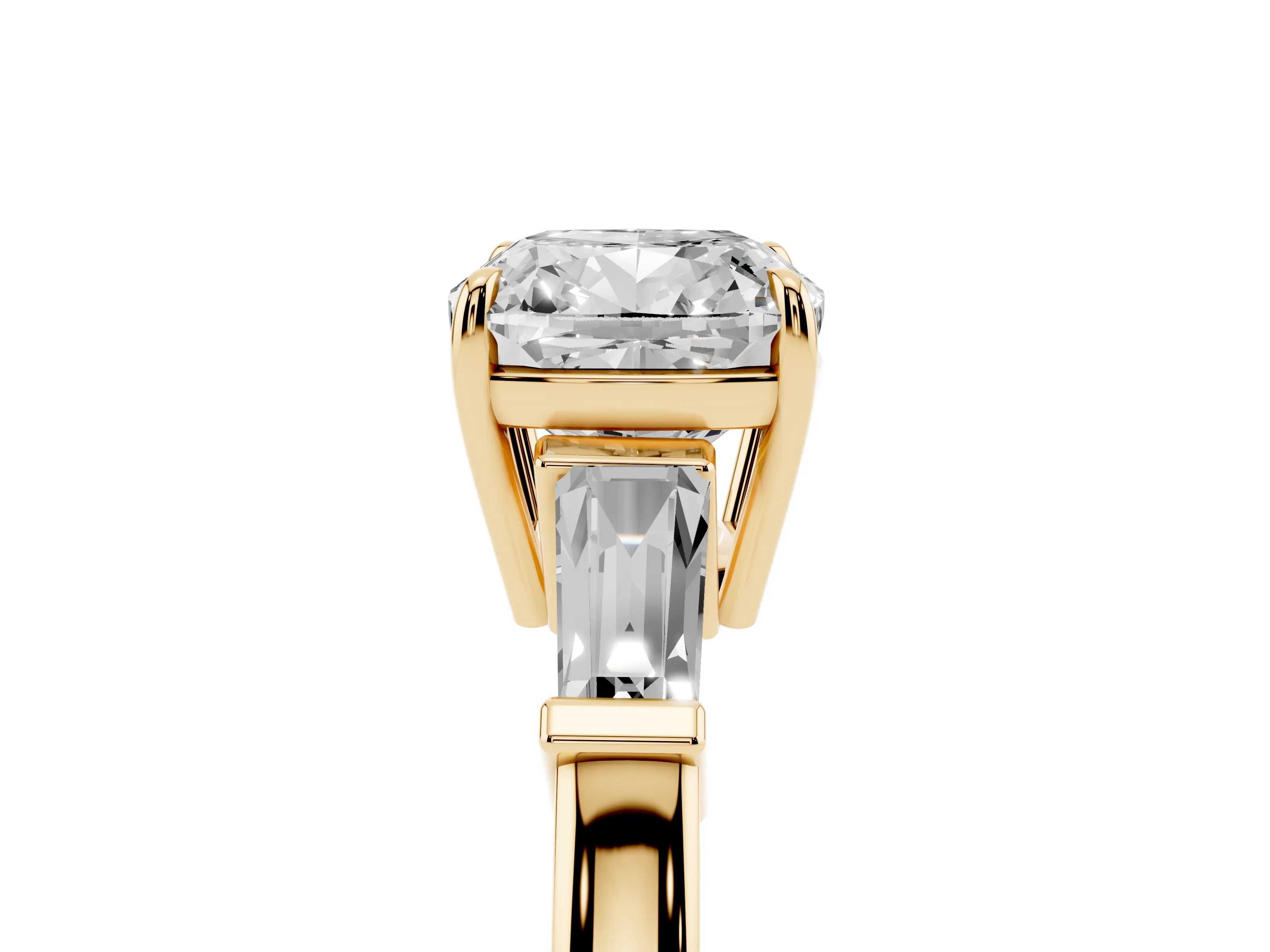 Cushion Cut Diamond Three-Stone Ring Set in Yellow gold with Tapered Baguette Side Stones and Prong Setting