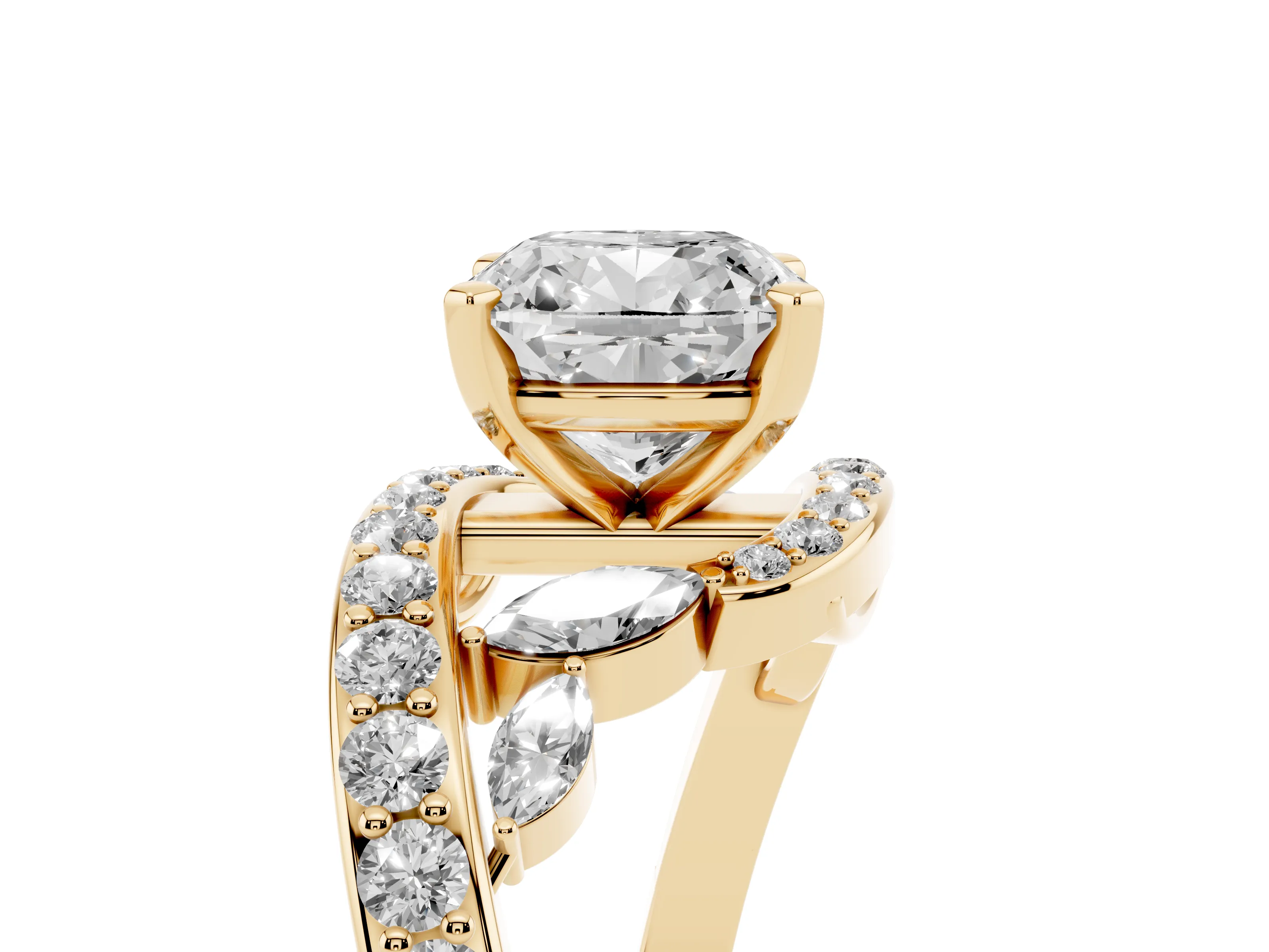 Cushion Cut Diamond Solitaire Ring Set in Yellow gold with Filigree Band and Prong Setting