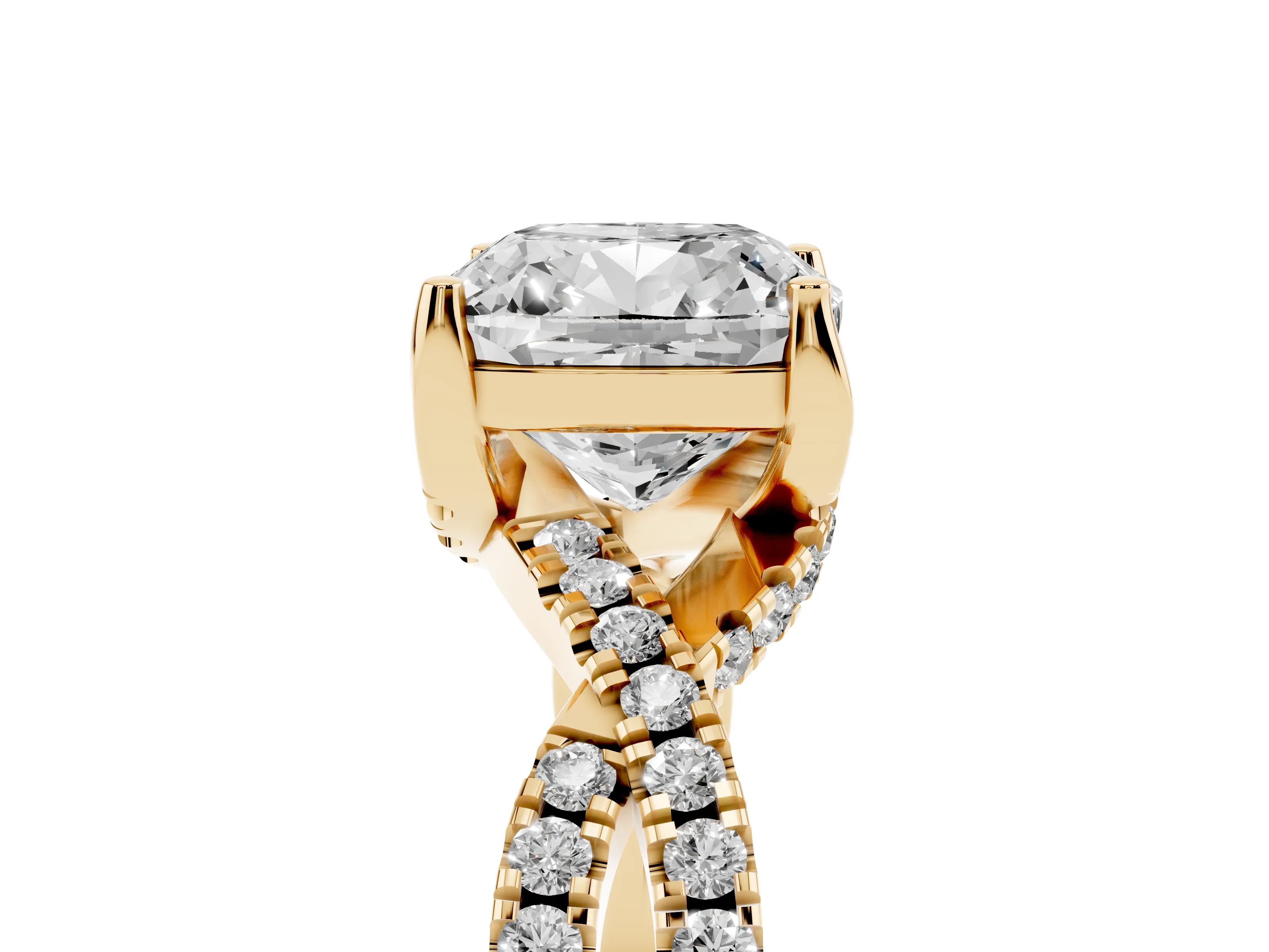 Cushion Cut Diamond Twist Pavé Solitaire Engagement Ring Set in Yellow gold with Prong Setting