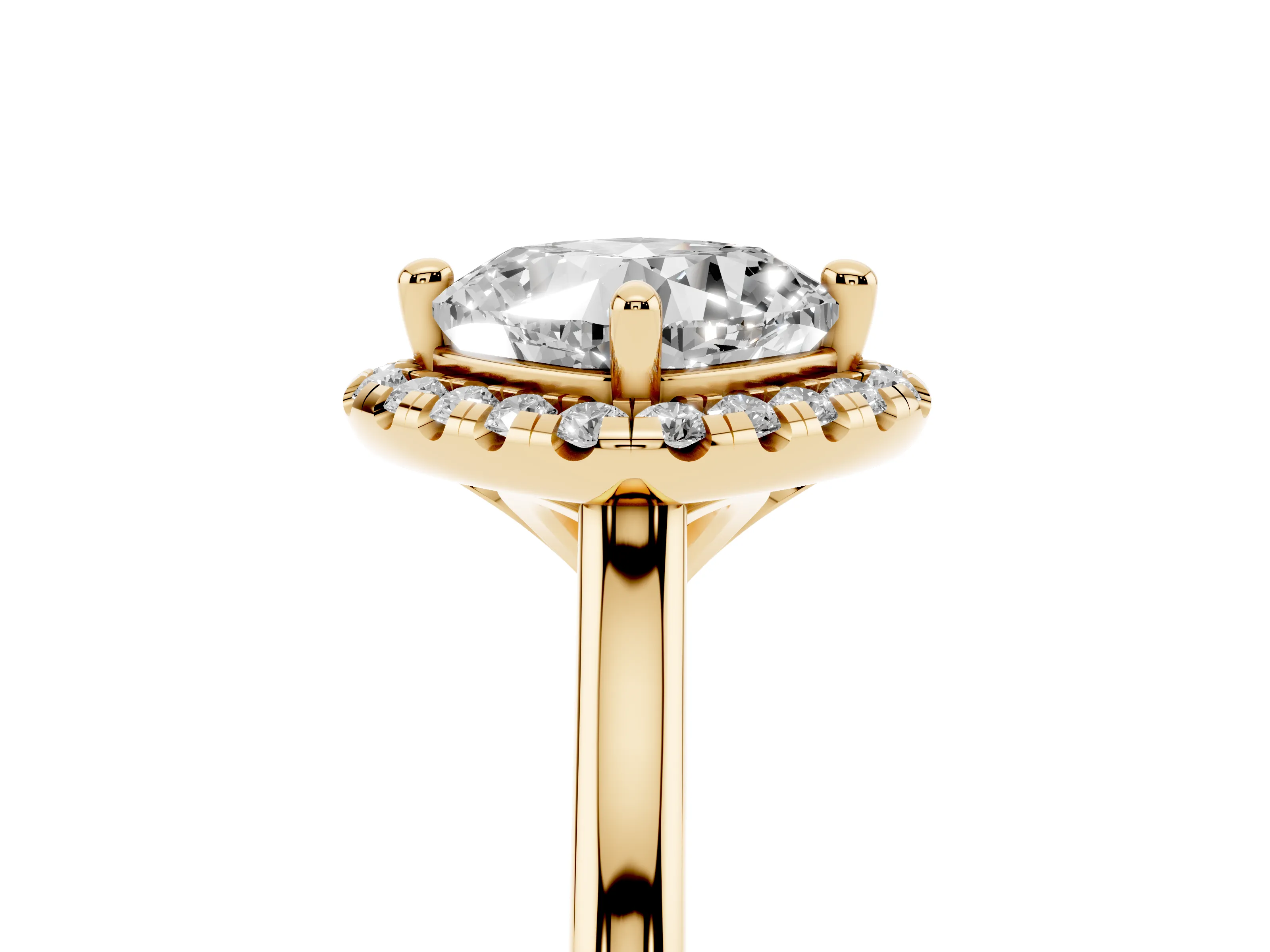 Cushion Cut Diamond Halo Engagement Ring Set in Yellow gold with Pavé Band and Rising Shoulders