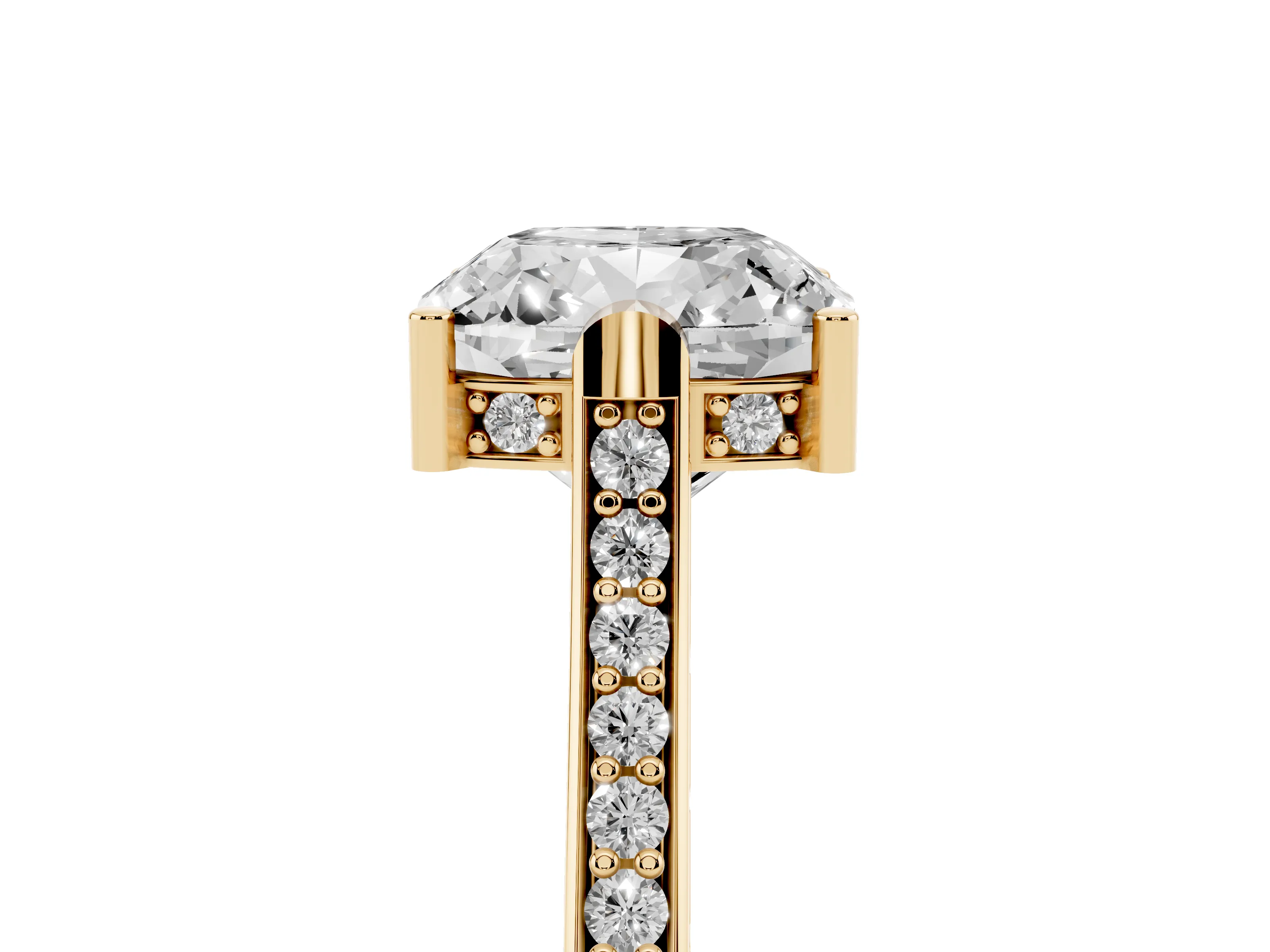 Cushion Cut Diamond Solitaire Ring Set in Yellow gold with Channel Set Band and Bezel Prong Setting