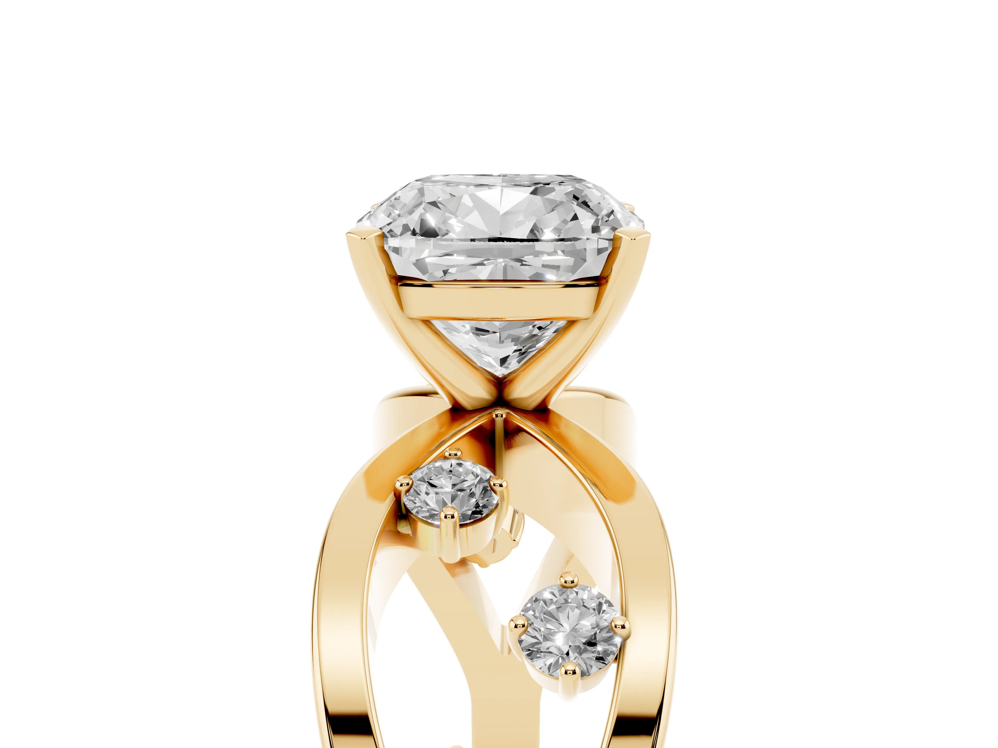 Cushion Cut Diamond Solitaire Ring Set in Yellow gold with Side Stones on Criss-Cross Band and Prong Setting