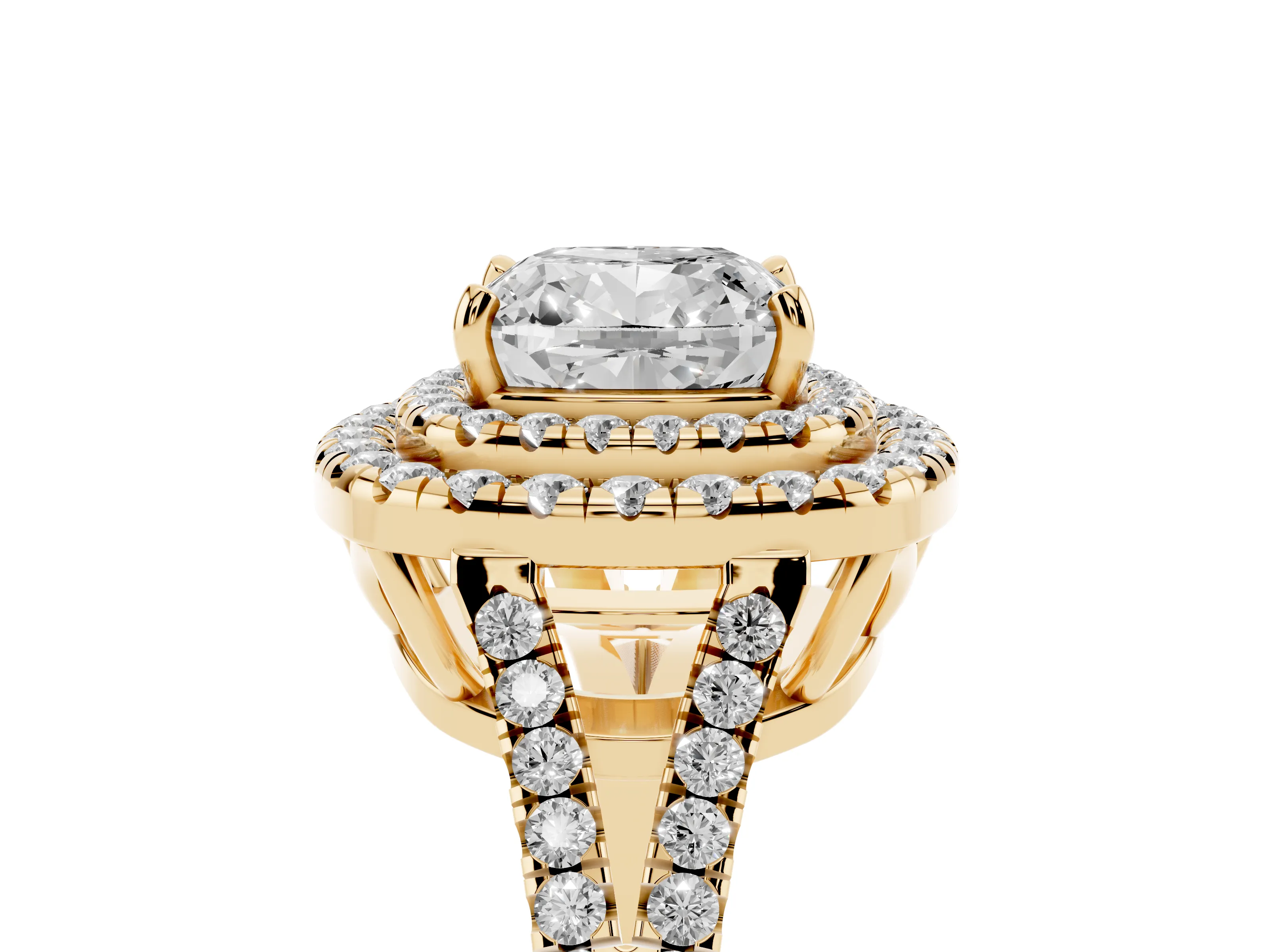 Cushion Cut Diamond Double Halo Ring Set in Yellow gold with Pavé Band
