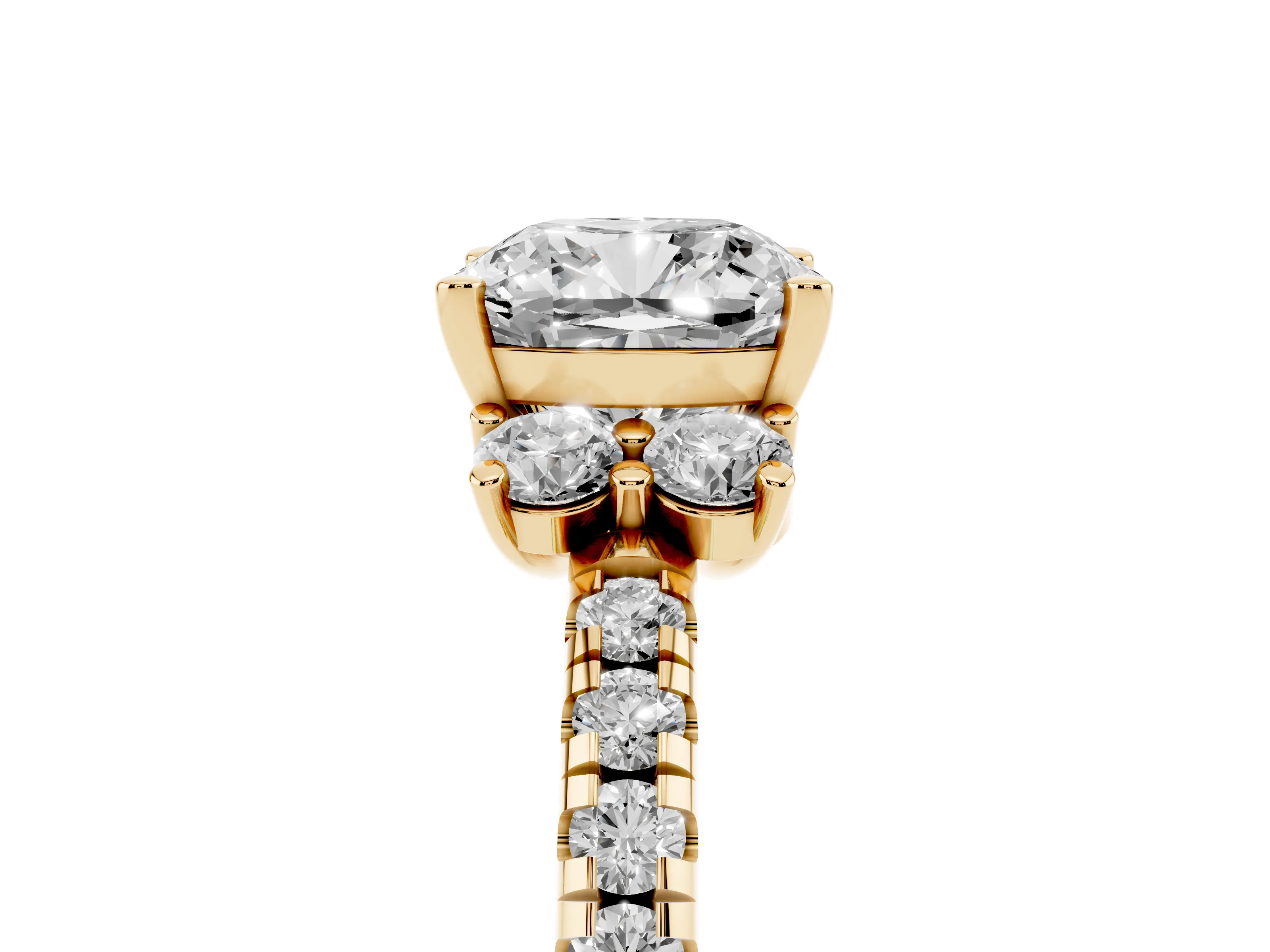 Cushion Cut Diamond Three-Stone Pavé Ring Set in Yellow gold with Prong Setting