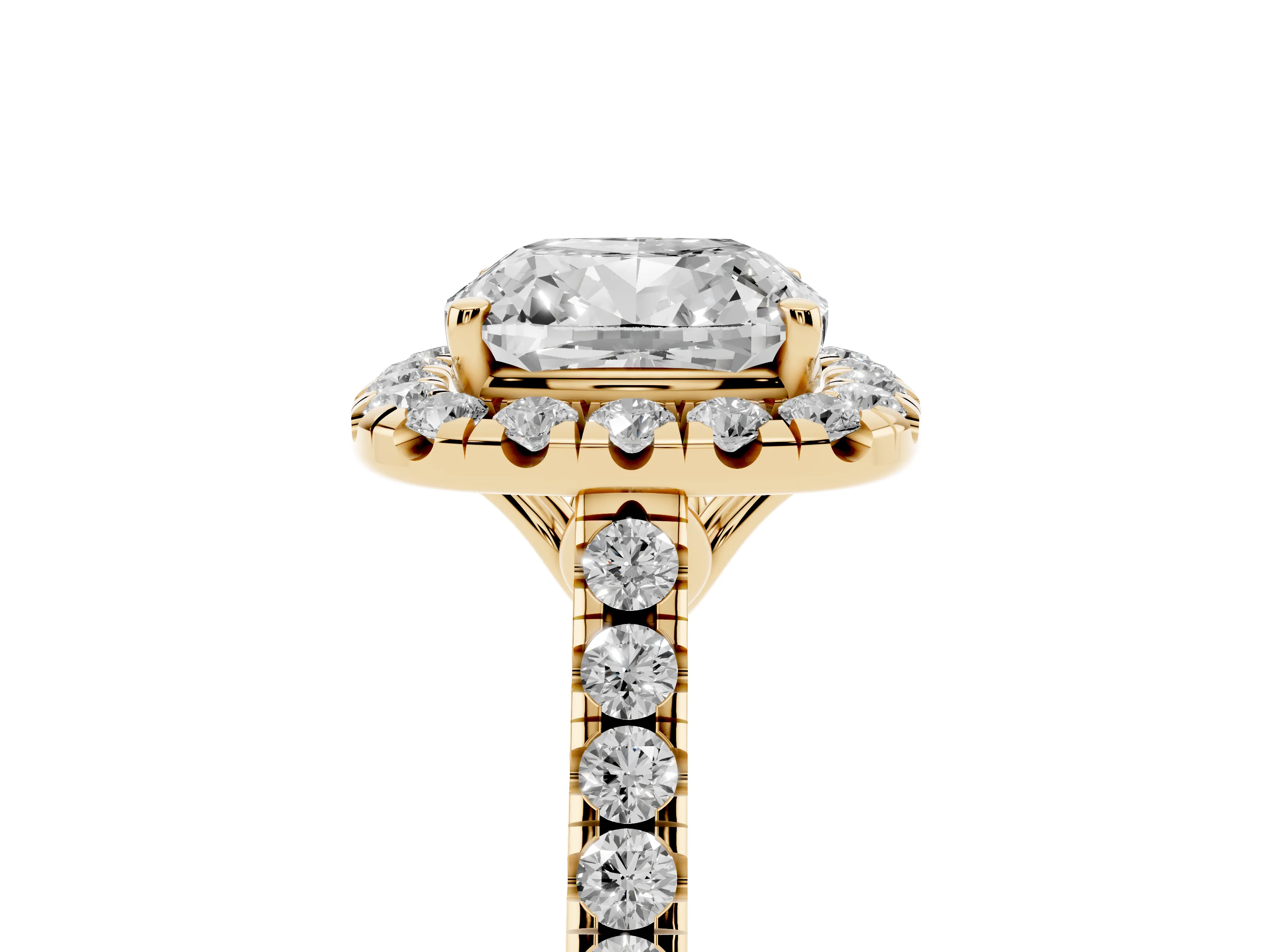 Cushion Cut Diamond Pavé Halo Engagement Ring Set in Yellow gold with Pavé Band and Prong Setting