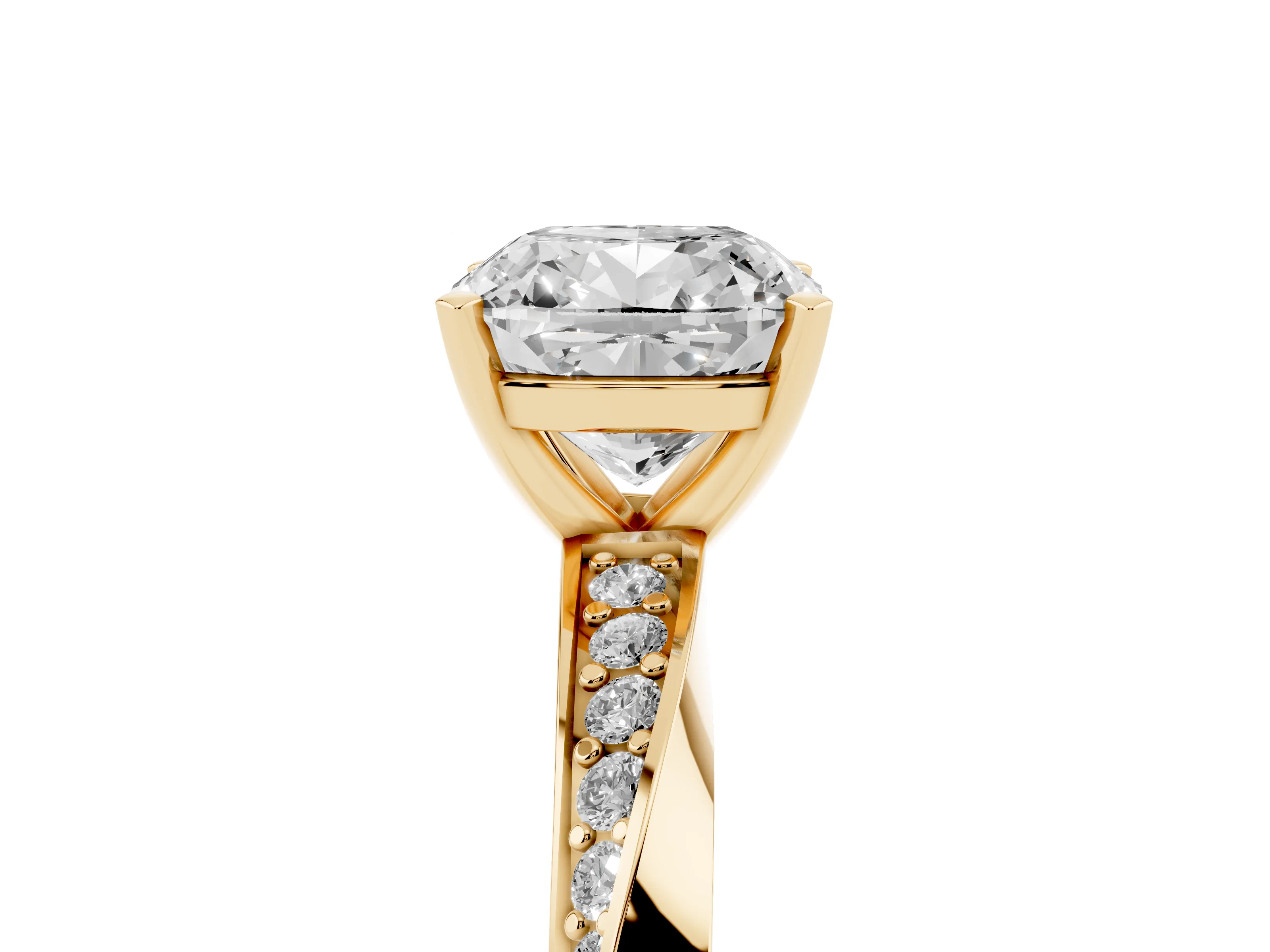Cushion Cut Diamond Engagement Ring Set in Yellow gold with Side Stone Accents and Prong Setting