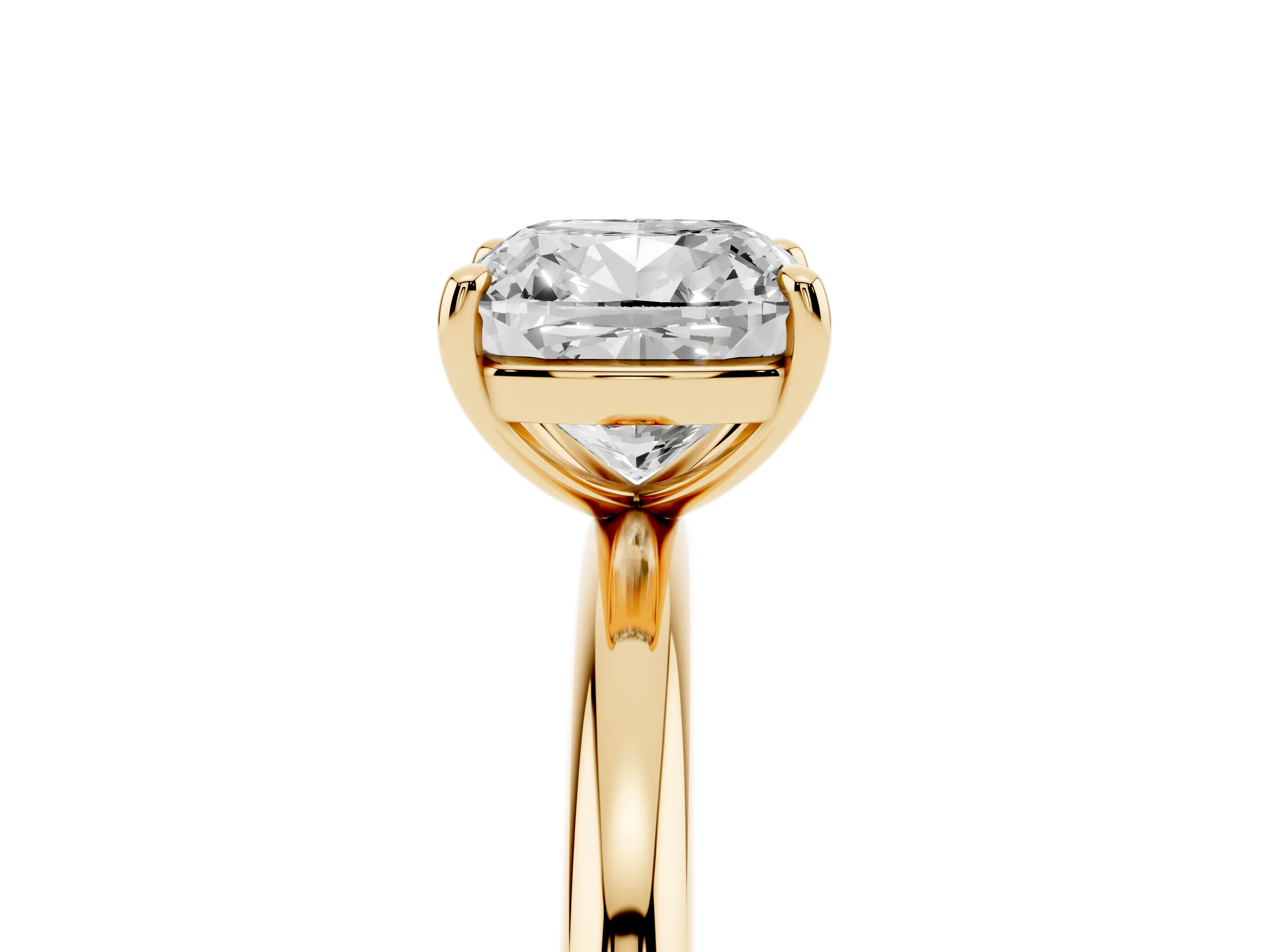 Cushion Cut Diamond Solitaire Ring Set in Yellow gold with Prong Setting on a Polished Plain Band