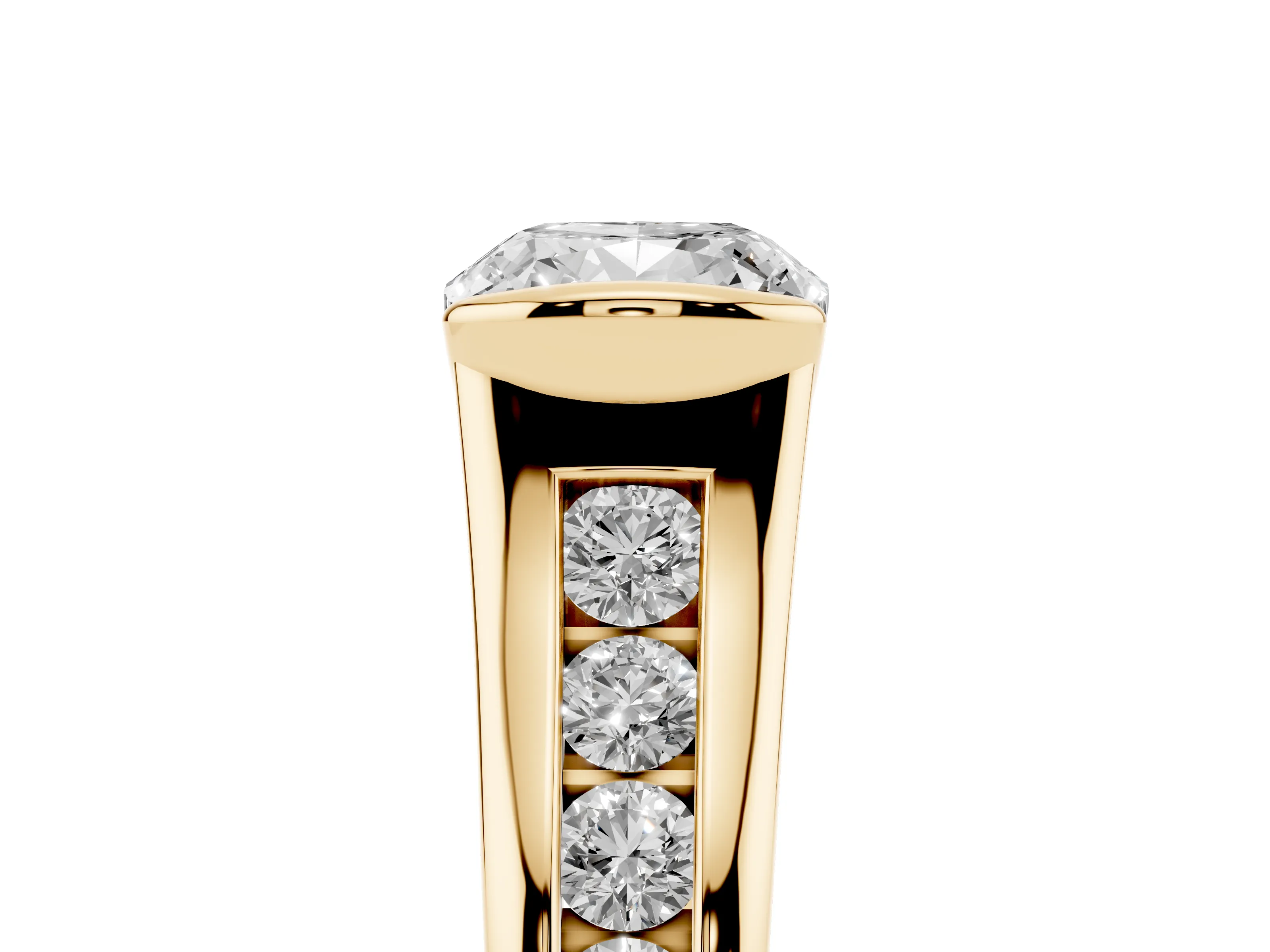 Cushion Cut Diamond Bezel-Set Solitaire Ring Set in Yellow gold with Channel-Set Band