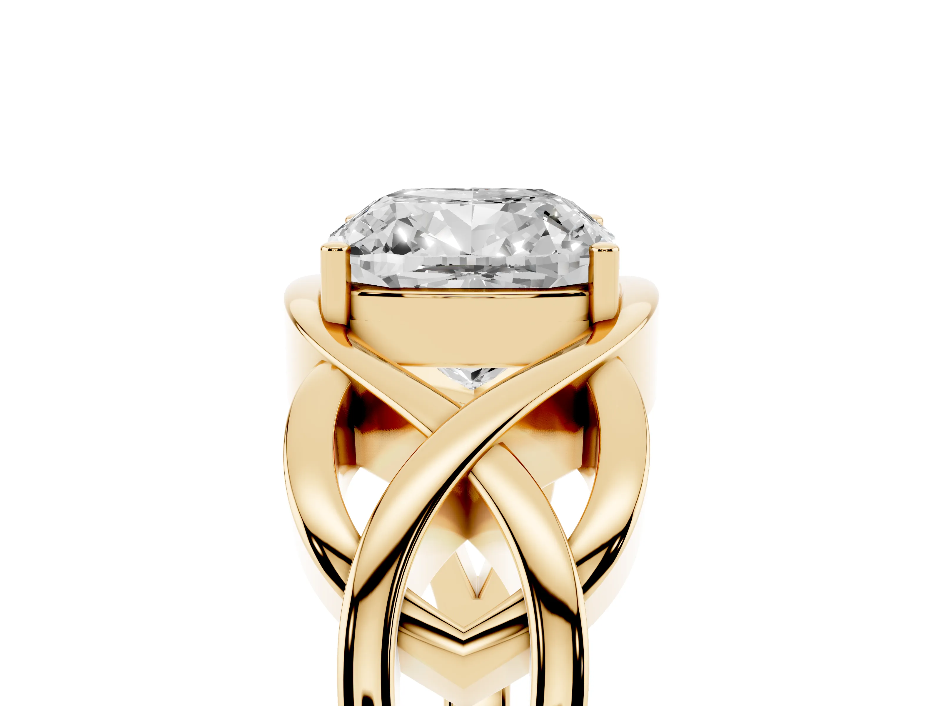 Cushion Cut Diamond Solitaire Ring Set in Yellow gold with Intertwined Band