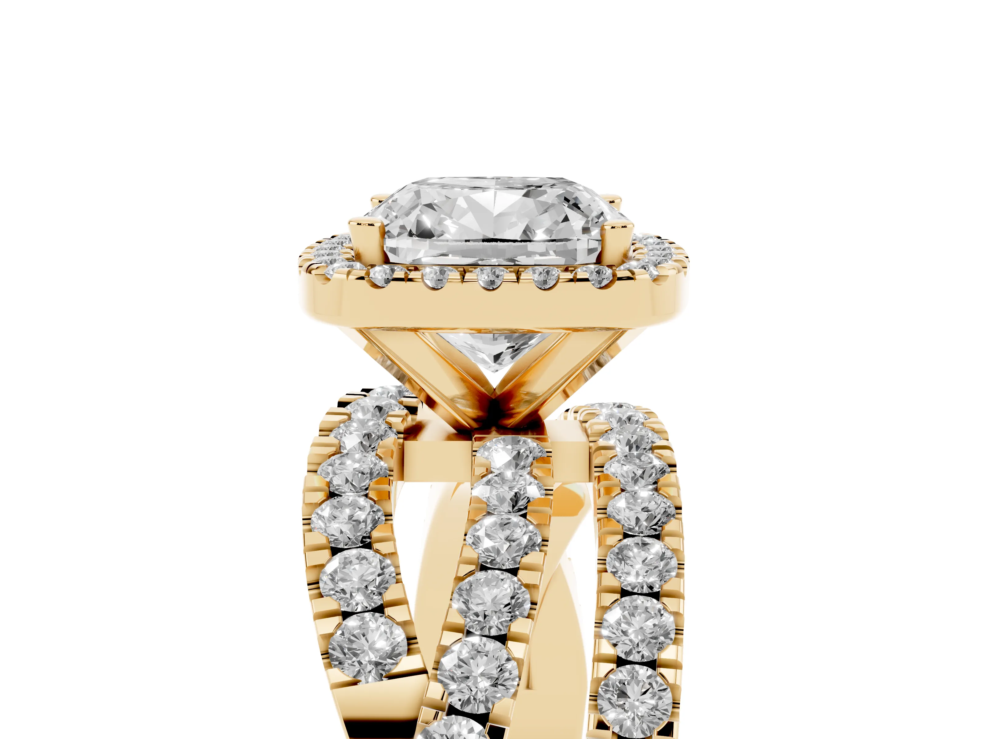 Cushion Cut Diamond Halo Ring Set in Yellow gold with Round Crossover Split Shank and Prong Setting