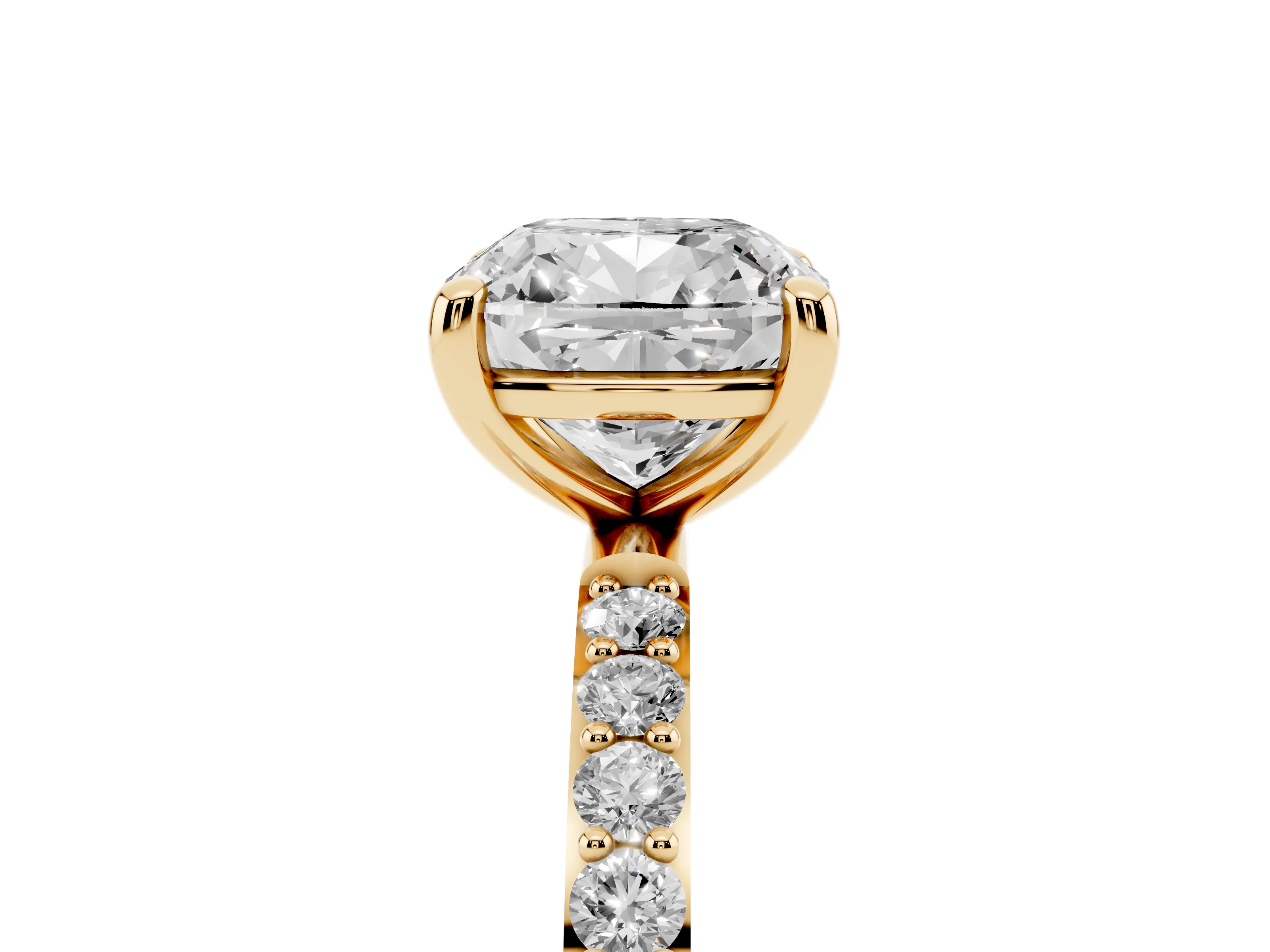 Cushion Cut Diamond Solitaire Ring Set in Yellow gold with Round Pavé Band and Prong Setting