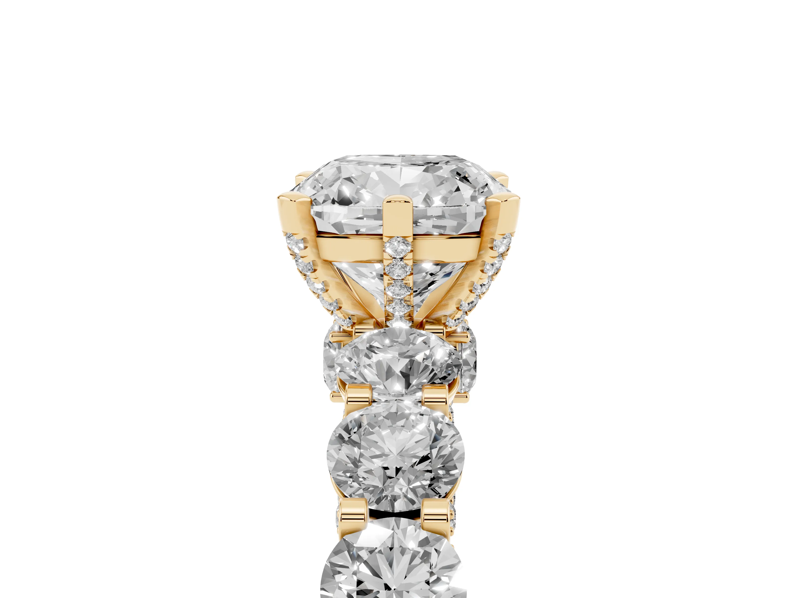 Cushion Cut Diamond Side Stone Ring Set in Yellow gold with Alternating Round and Oval Side Stones
