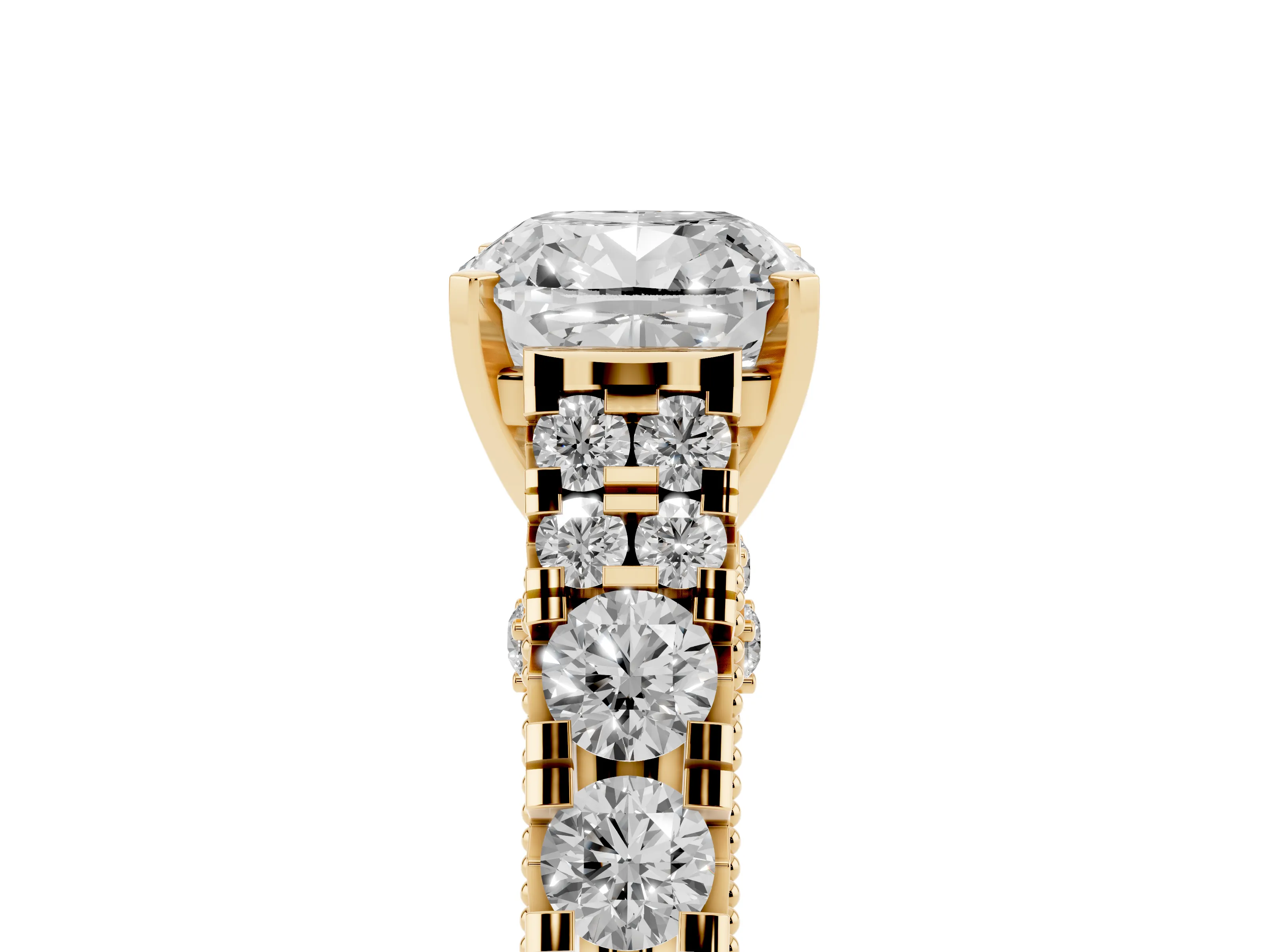 Cushion Cut Diamond Classic Solitaire Ring Set in Yellow gold with Pavé Band and Prong Setting