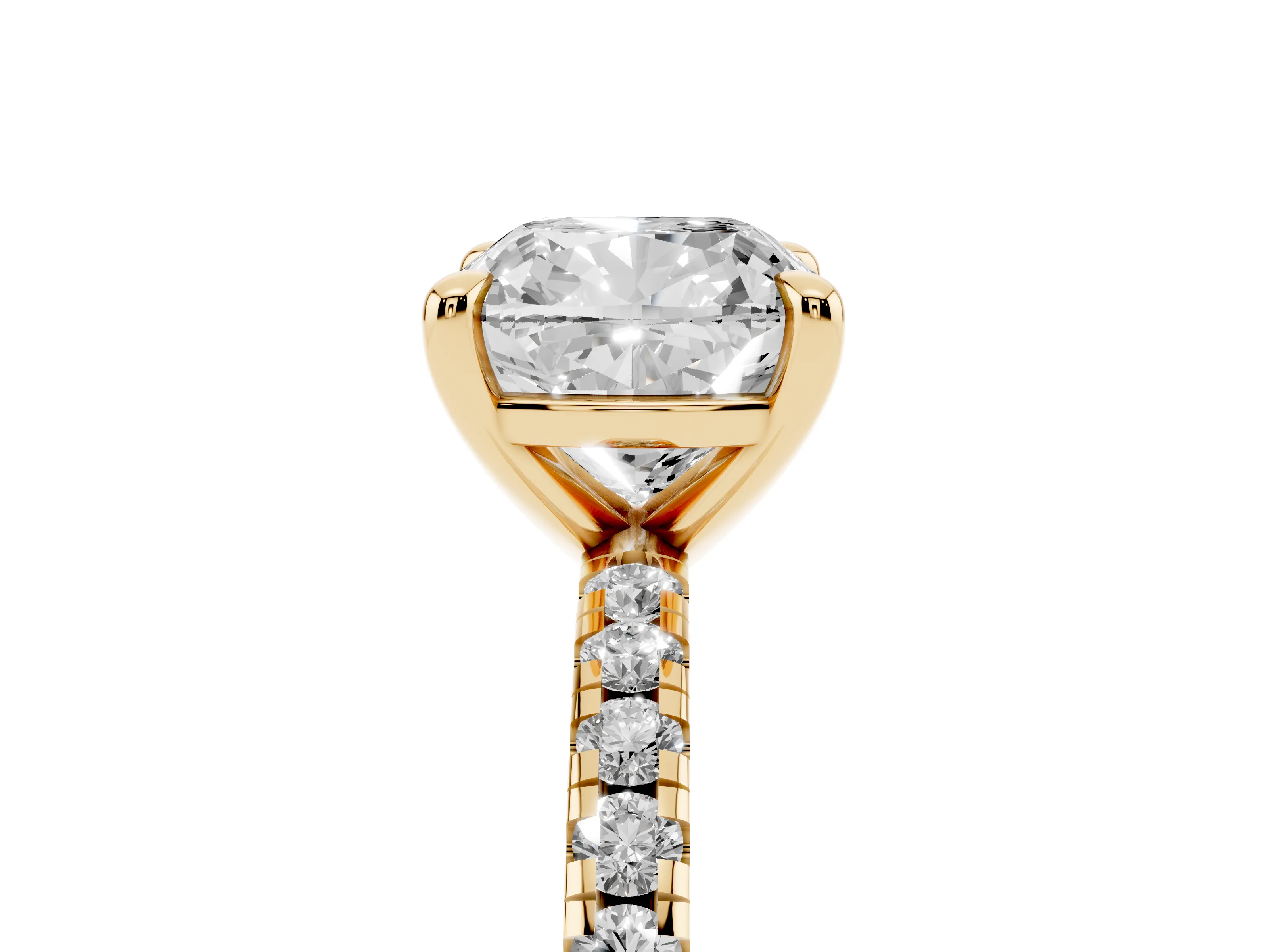 Cushion Cut Diamond Brilliant Solitaire Ring Set in Yellow gold with Pavé Band and Prong Setting