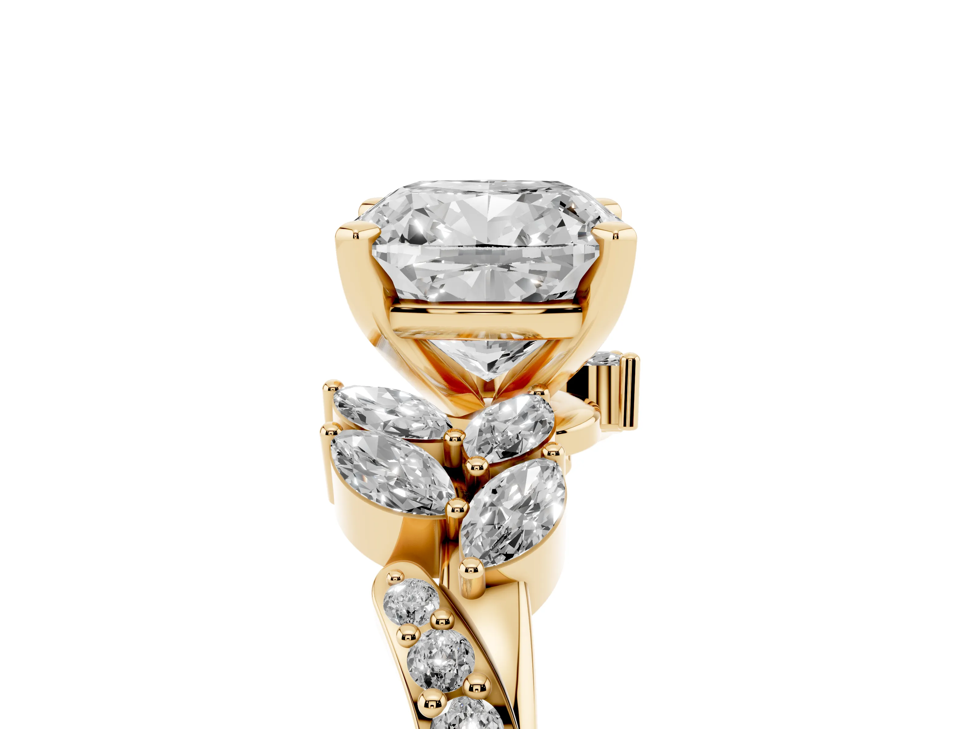 Cushion Cut Diamond Solitaire Ring Set in Yellow gold with Marquise Twist Band and Prong Setting