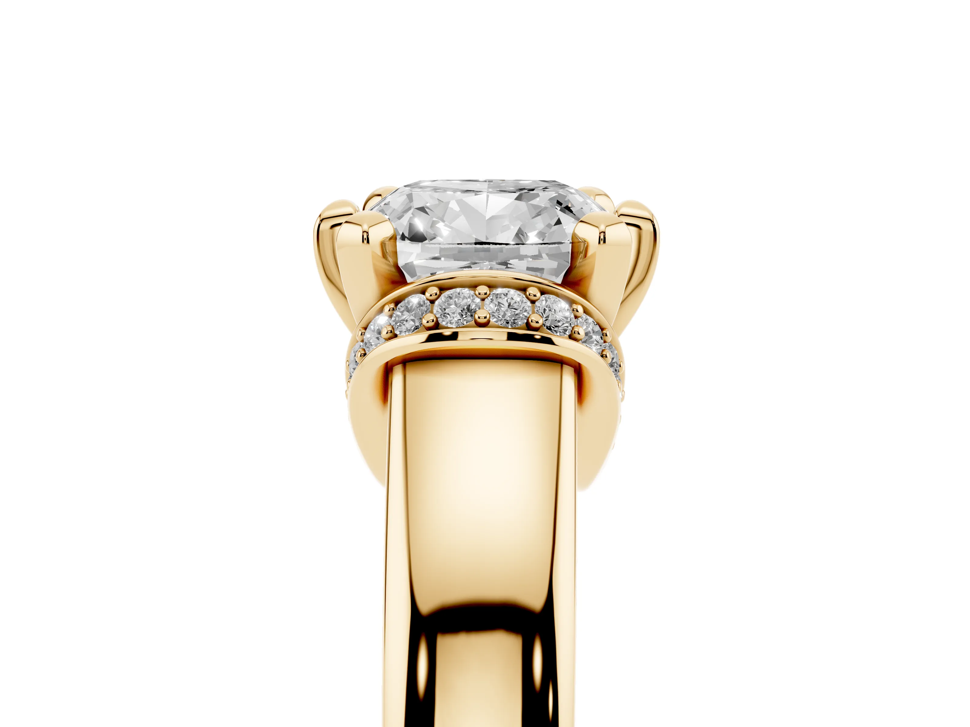 Cushion Cut Diamond Pavé Band Solitaire Ring Set in Yellow gold with Prong Setting