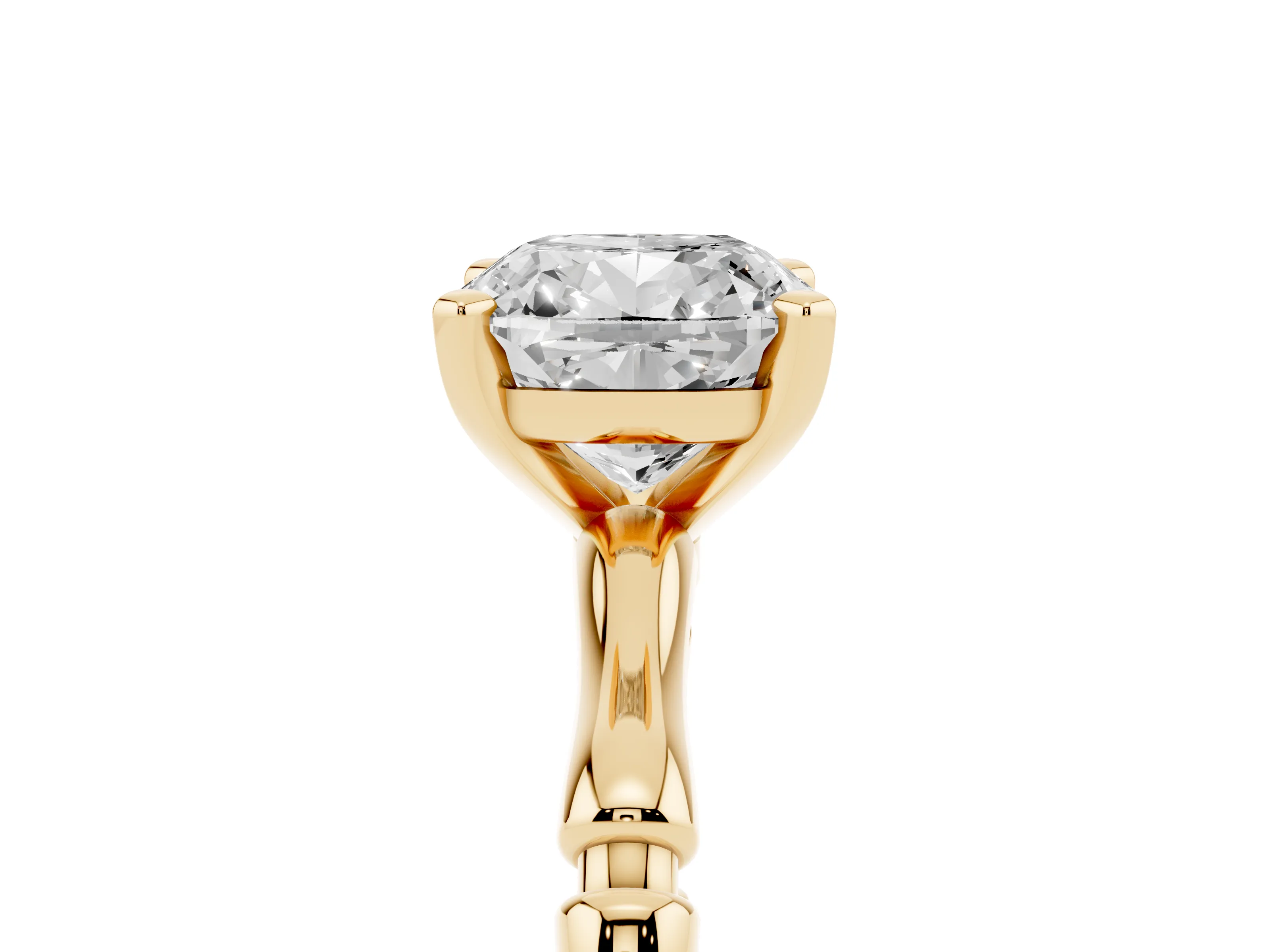 Cushion Cut Diamond Solitaire Ring Set in Yellow gold with Bamboo Band and Prong Setting