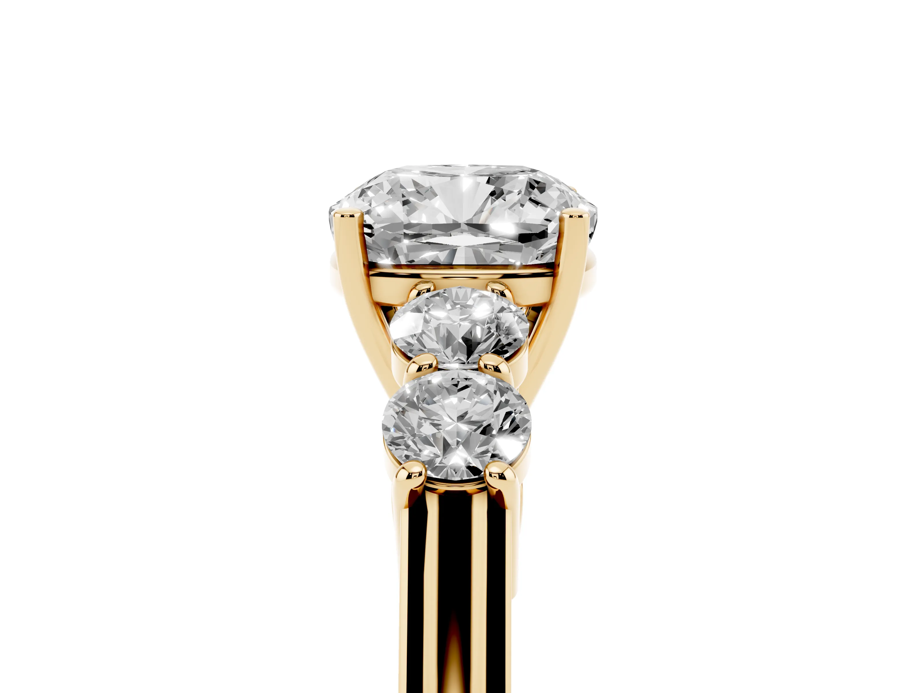 Cushion Cut Diamond Five-Stone Prong Set Band Ring Set in Yellow gold with Polished Band