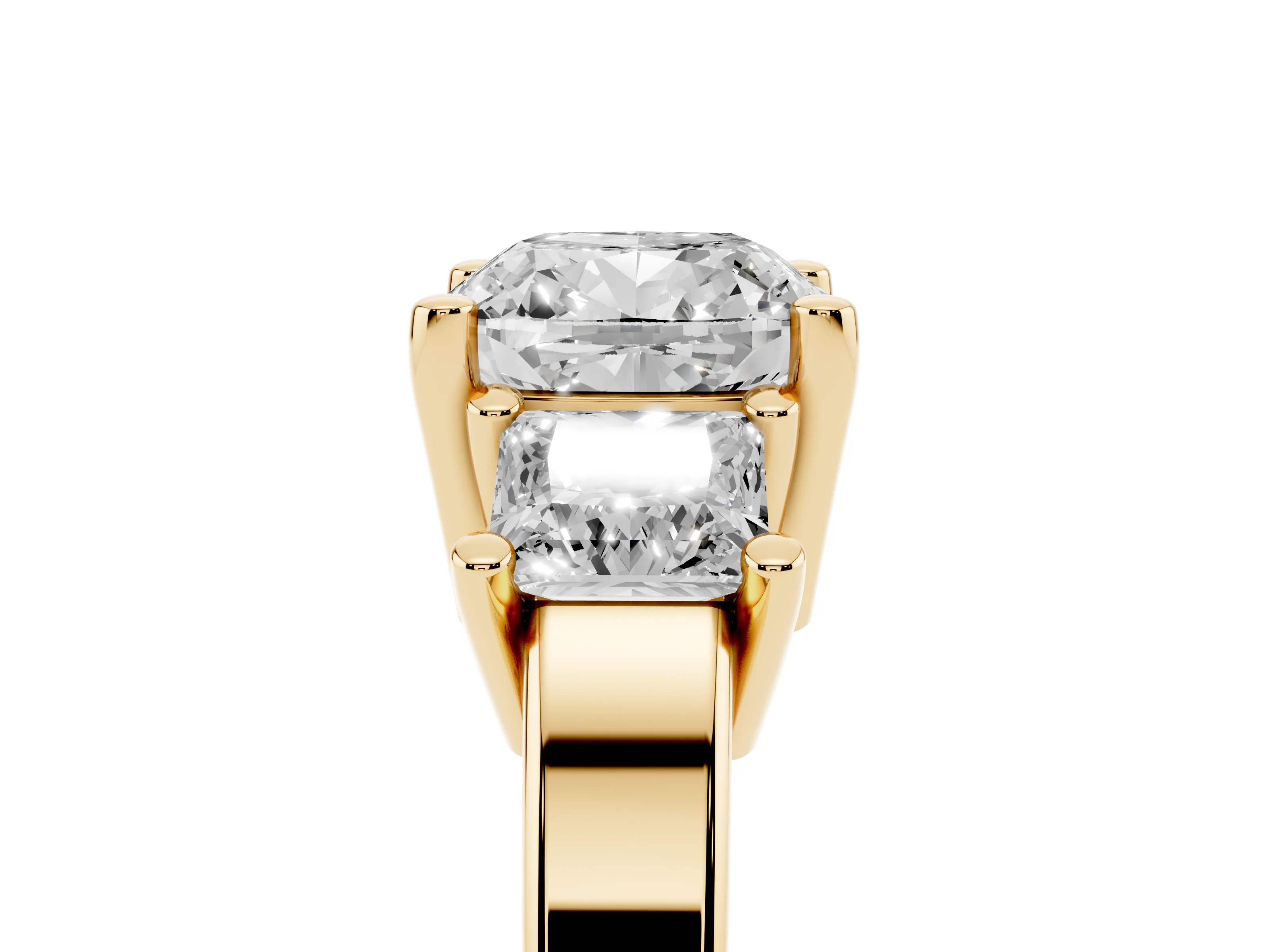 Three-Stone Cushion Cut Diamond Solitaire Ring Set in Yellow gold with Prong Setting