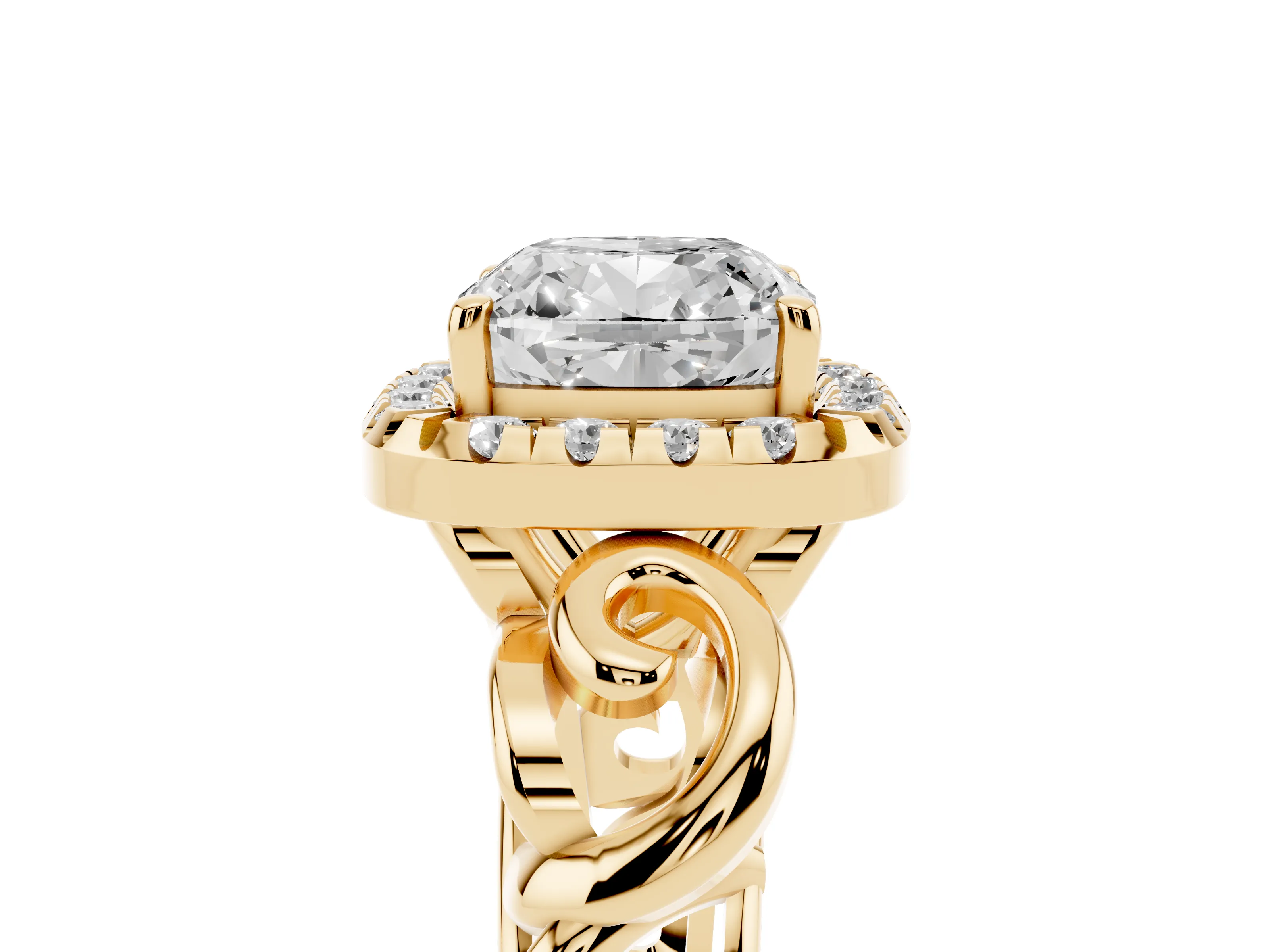 Cushion Cut Diamond Halo Ring Set in Yellow gold with Scrollwork Band and Prong Setting