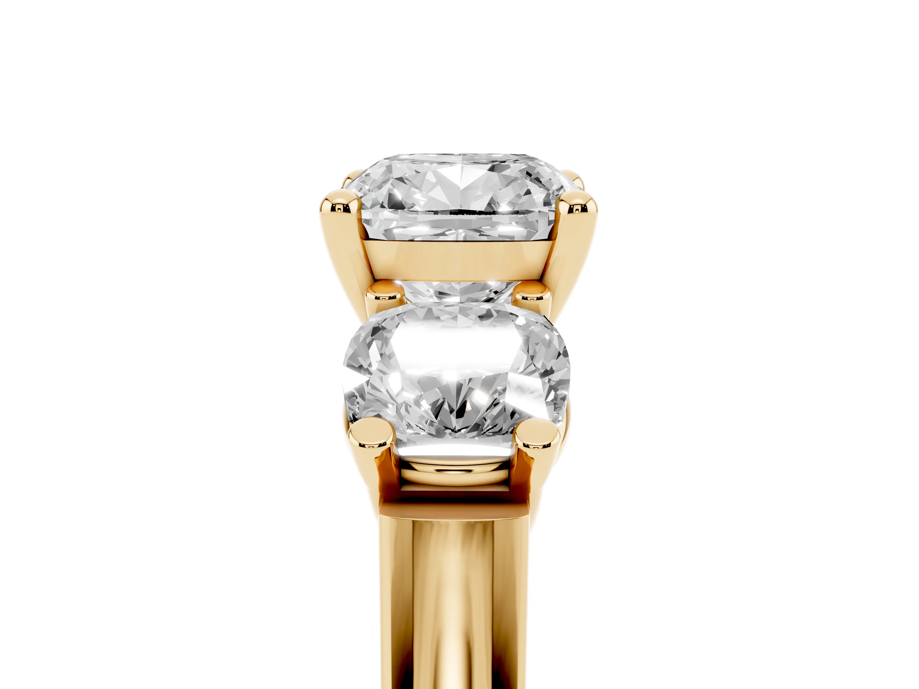 Cushion Cut Diamond Three-Stone Trellis Ring Set in Yellow gold with Comfort Fit Band