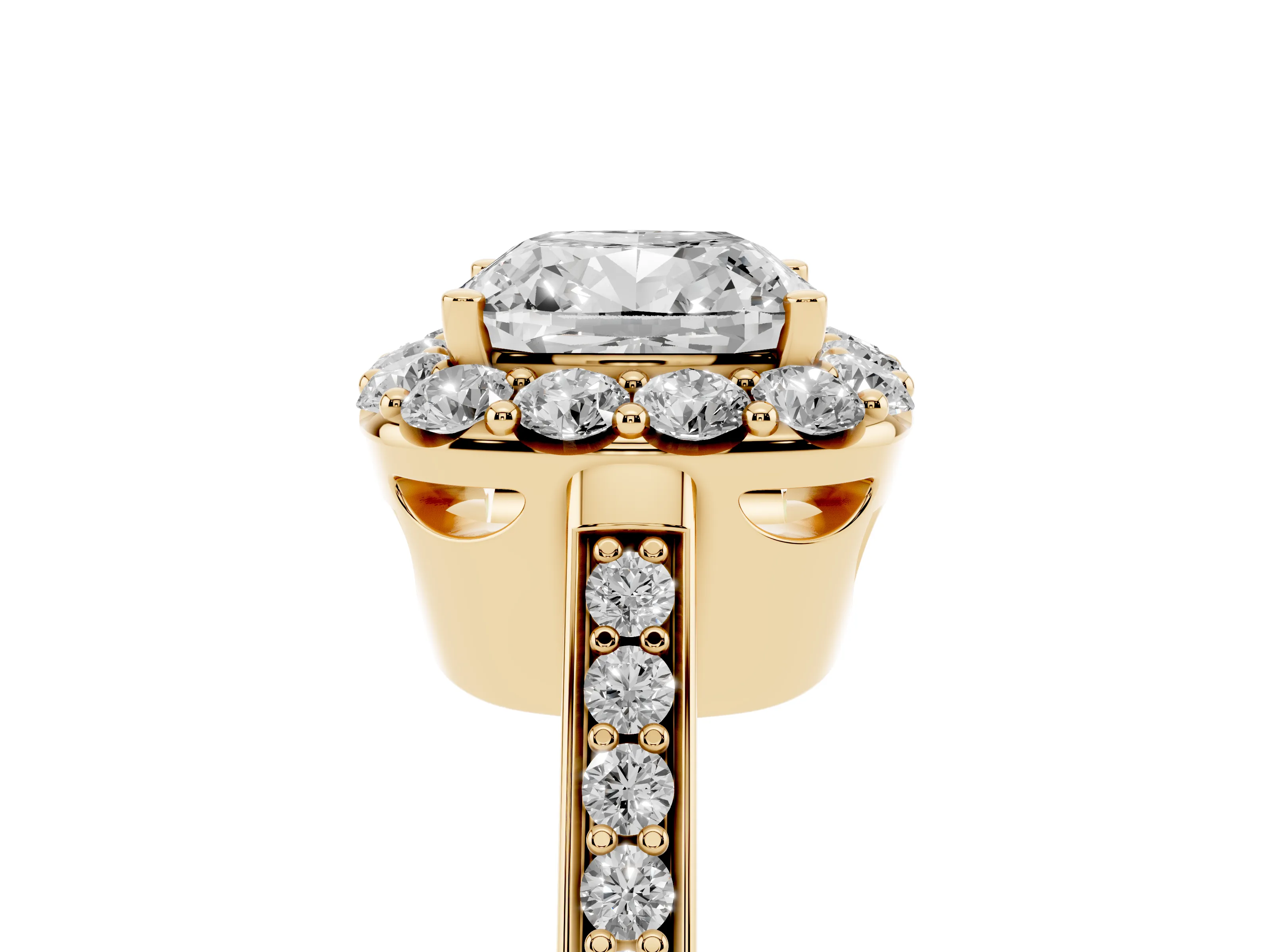 Cushion Cut Diamond Floral Halo Ring Set in Yellow gold with Pavé Band and Prong Setting