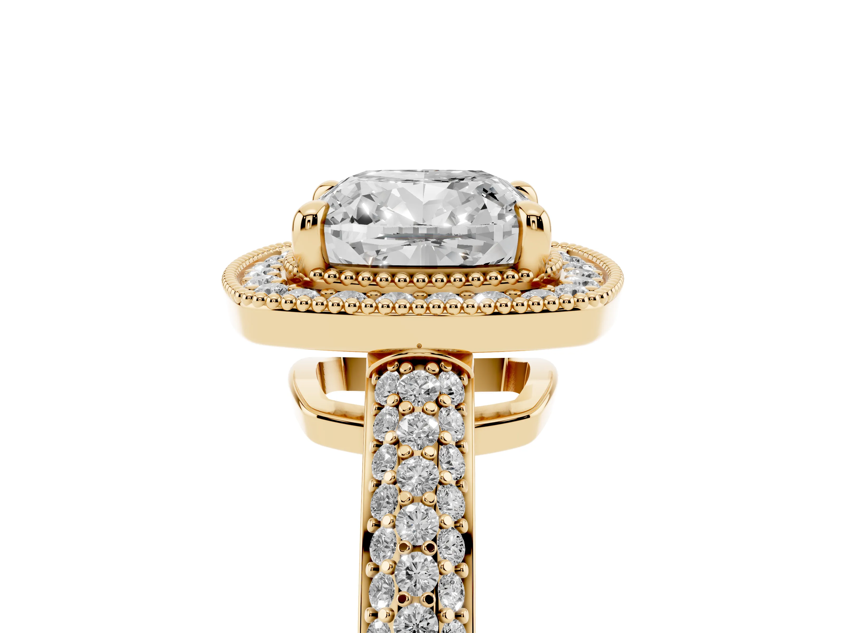 Cushion Cut Diamond Halo Pavé Band Set in Yellow gold with Prong Setting