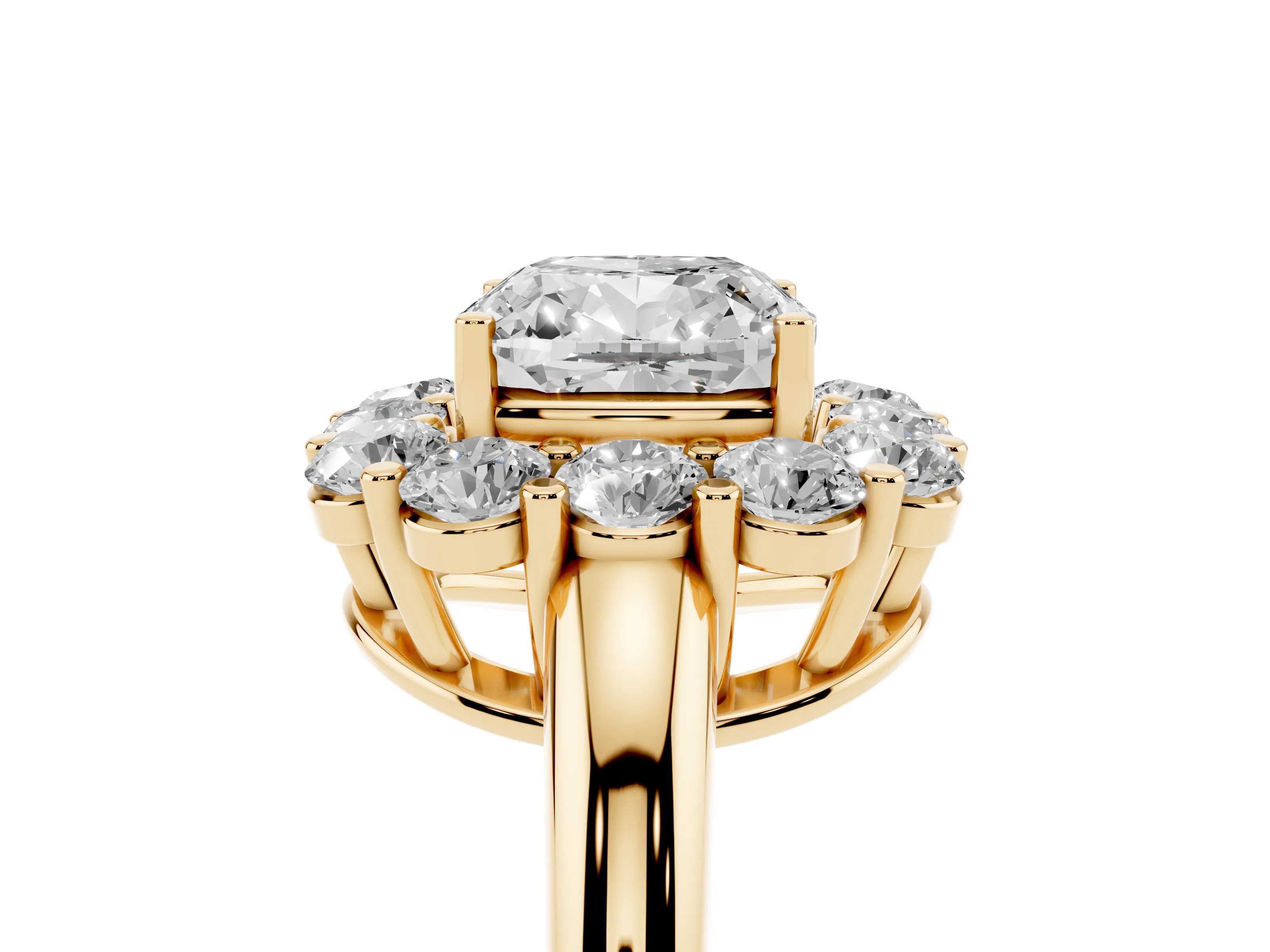 Cushion Cut Diamond Halo Cluster Engagement Ring Set in Yellow gold with Polished Band and Prong Setting