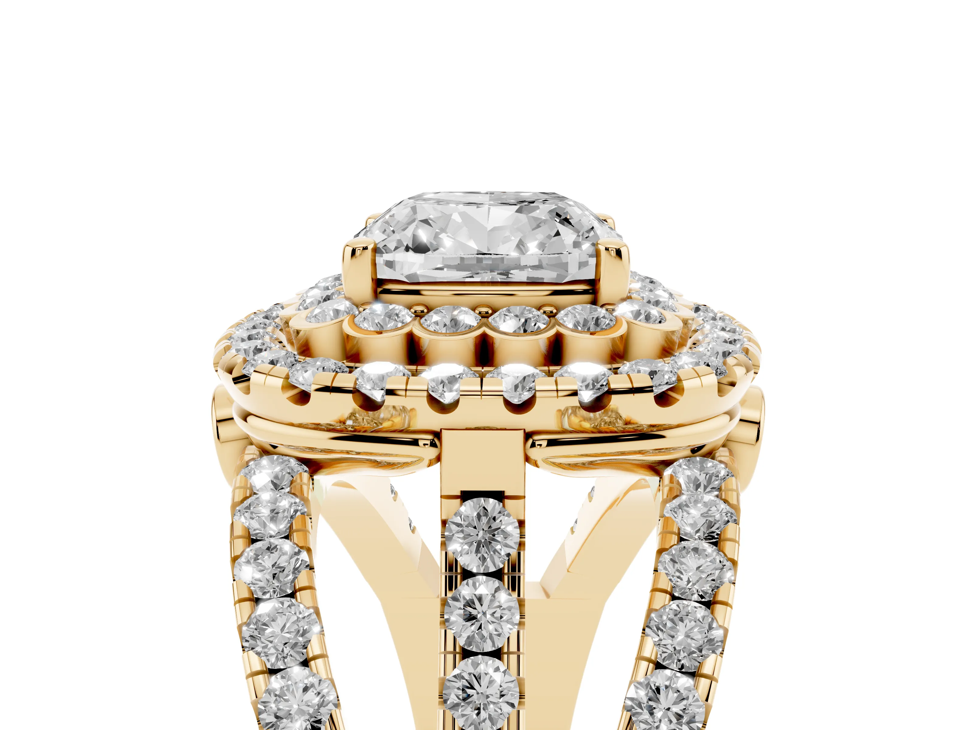 Cushion Cut Diamond Double Halo Ring Set in Yellow gold with Round Pavé Split Shank