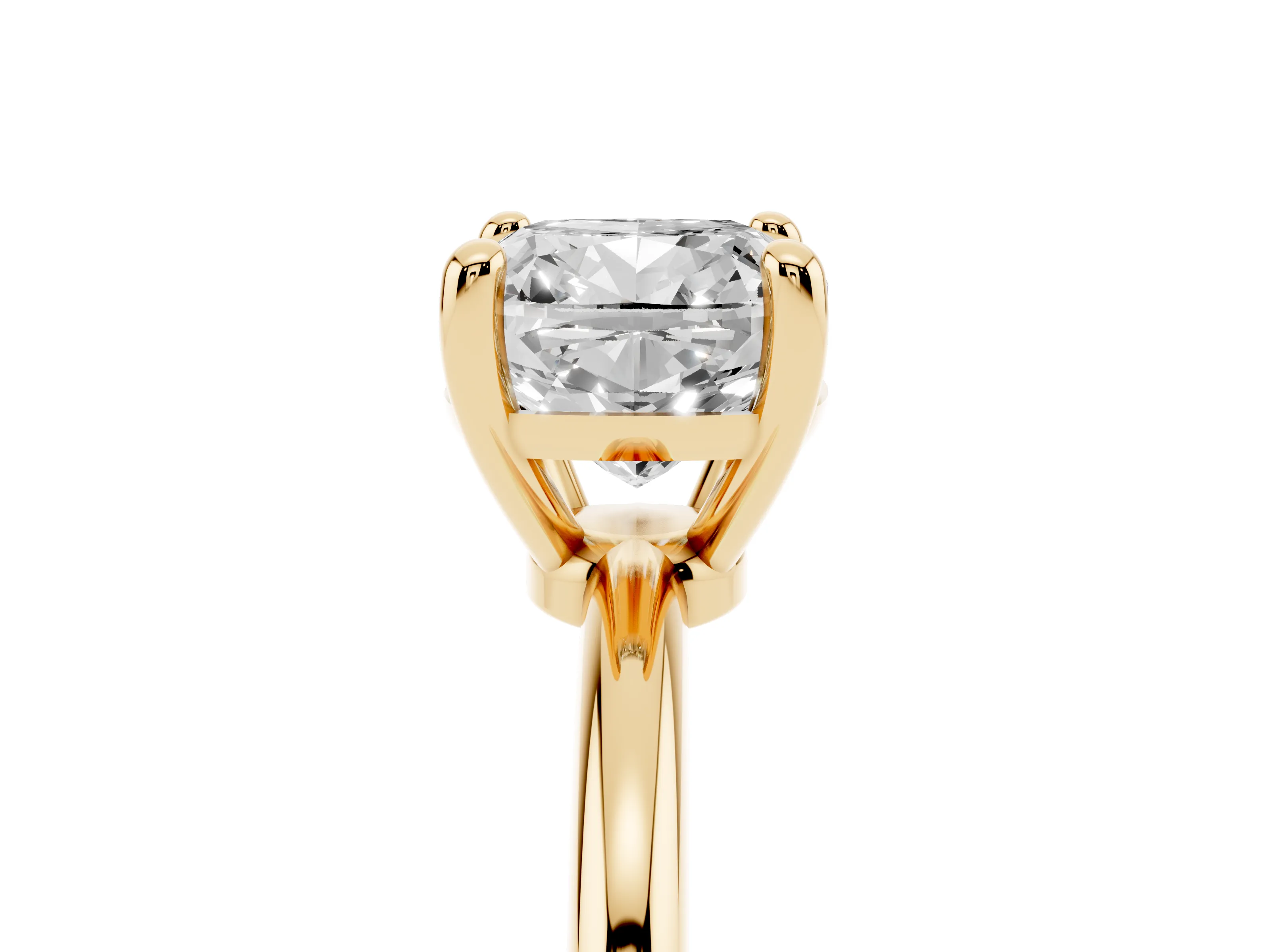 Cushion Cut Diamond Solitaire Ring Set in Yellow gold with Secure Prong Setting on a Classic Band