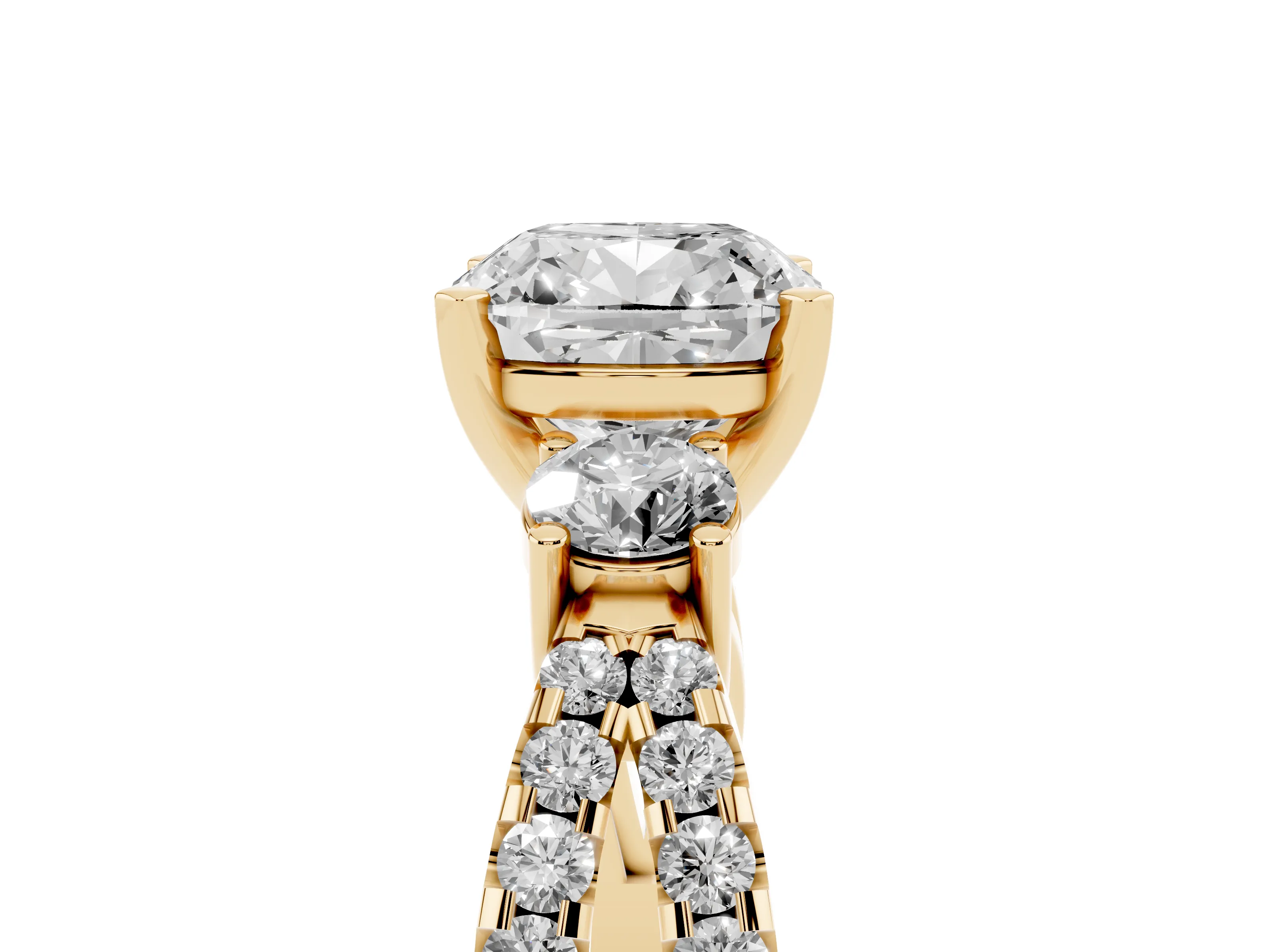 Cushion Cut Diamond Three-Stone Ring Set in Yellow gold with Pavé Split Shank and Prong Setting