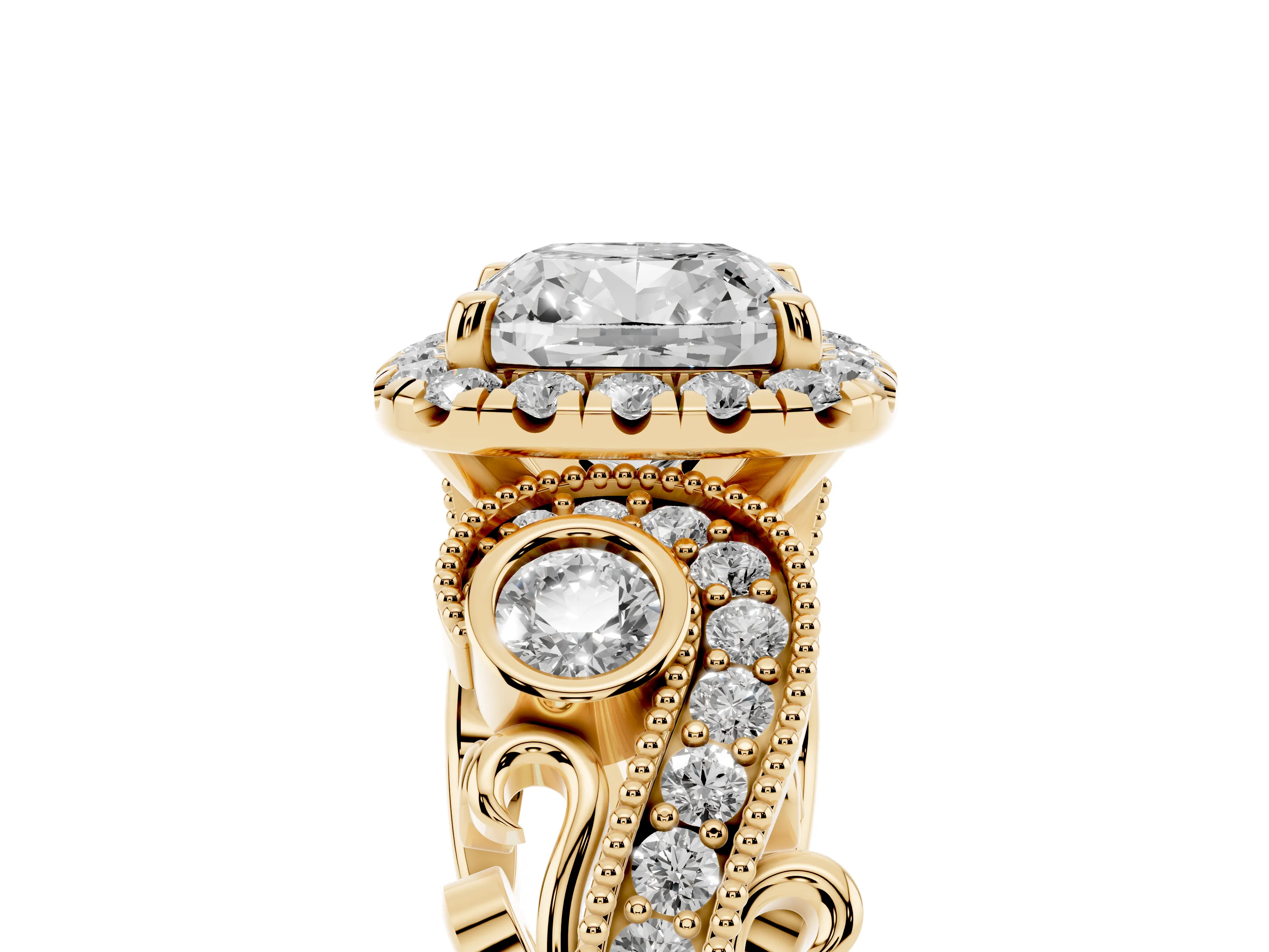 Cushion Cut Diamond Halo Ring Set in Yellow gold with Milgrain Pavé Band and Prong Setting