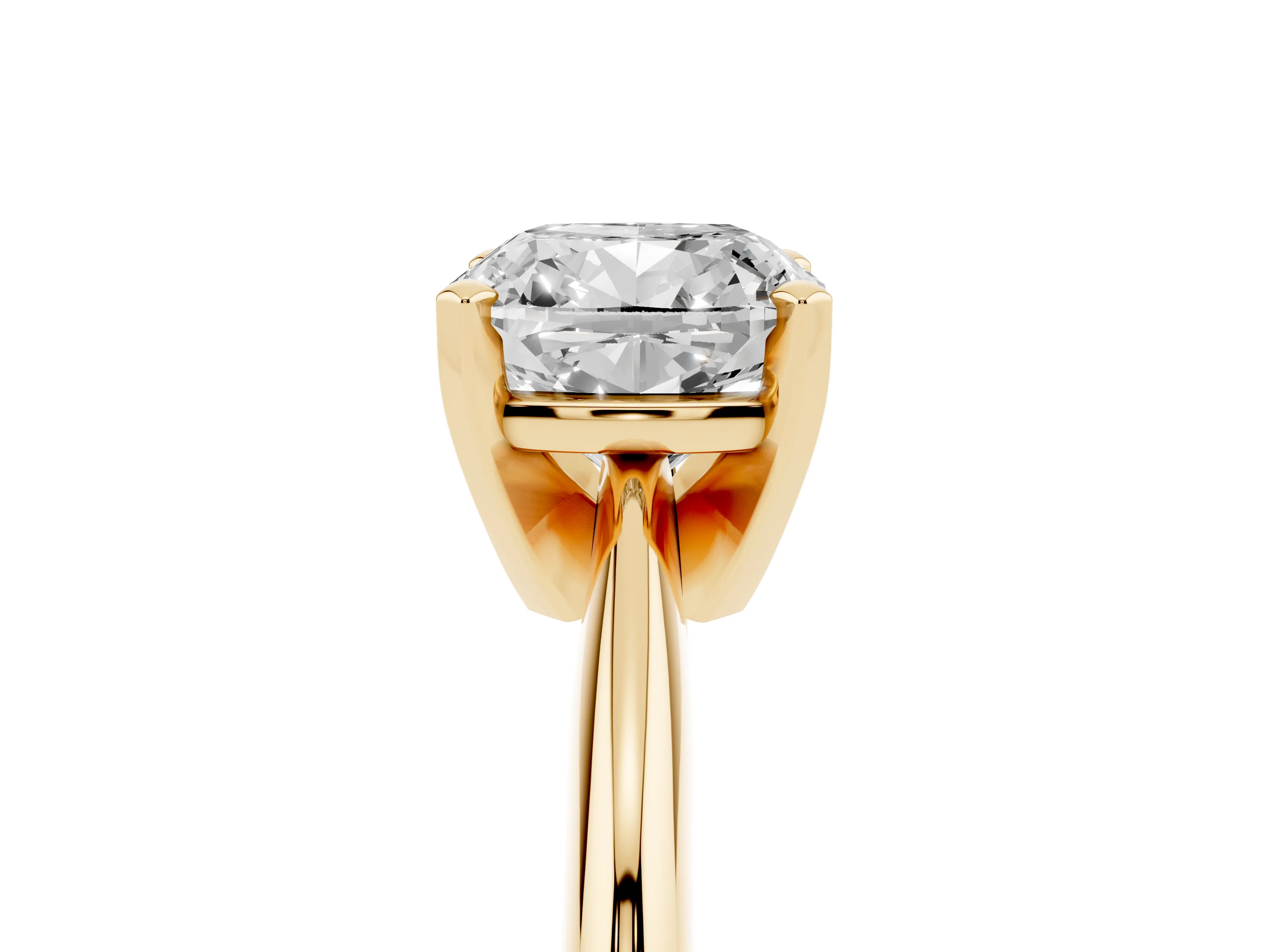 Cushion Cut Diamond Solitaire Ring Set in Yellow gold with Prong Setting on a Plain Round Band
