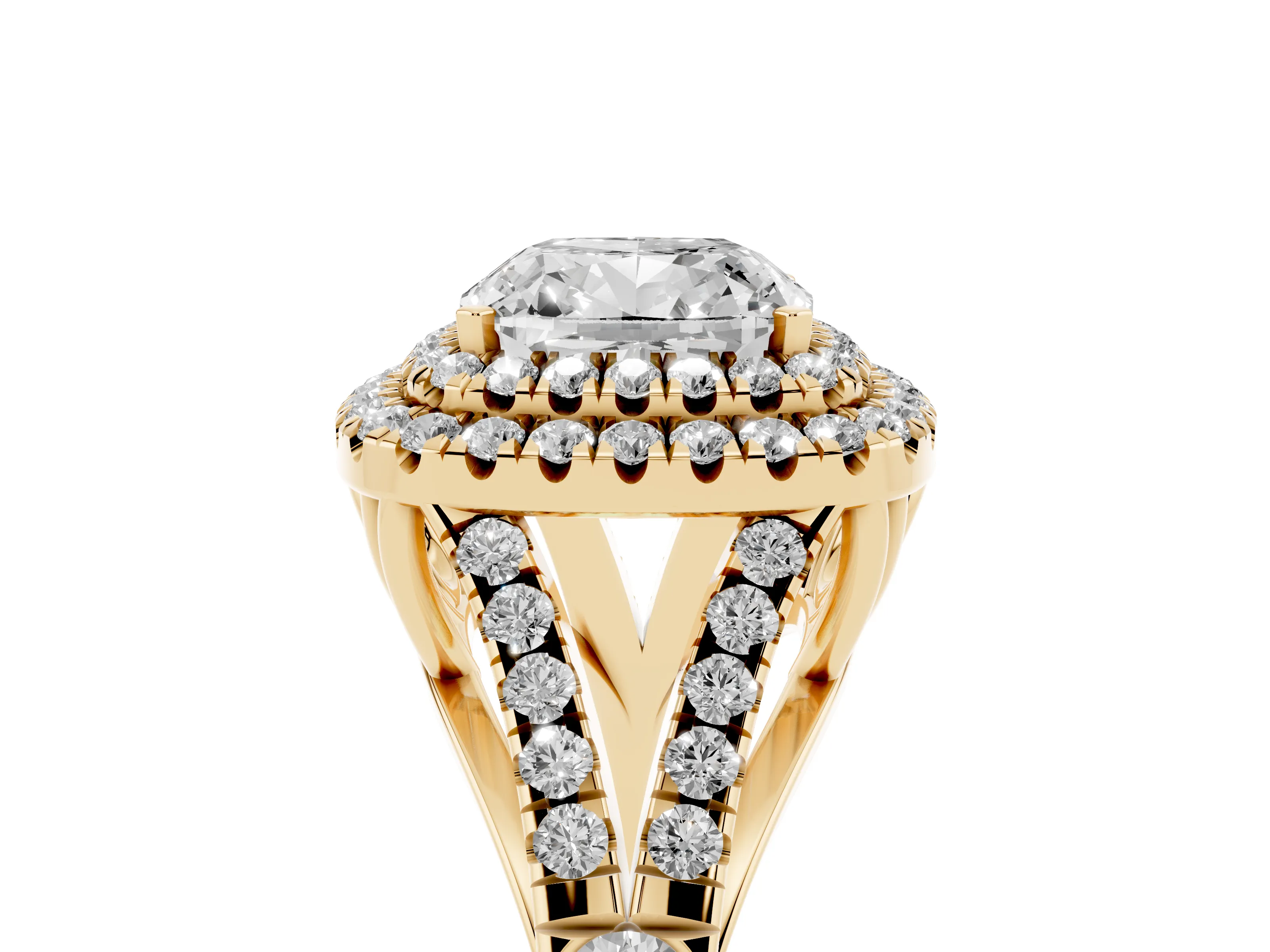 Cushion Cut Diamond Pavé Split Shank Double Halo Engagement Ring Set in Yellow gold