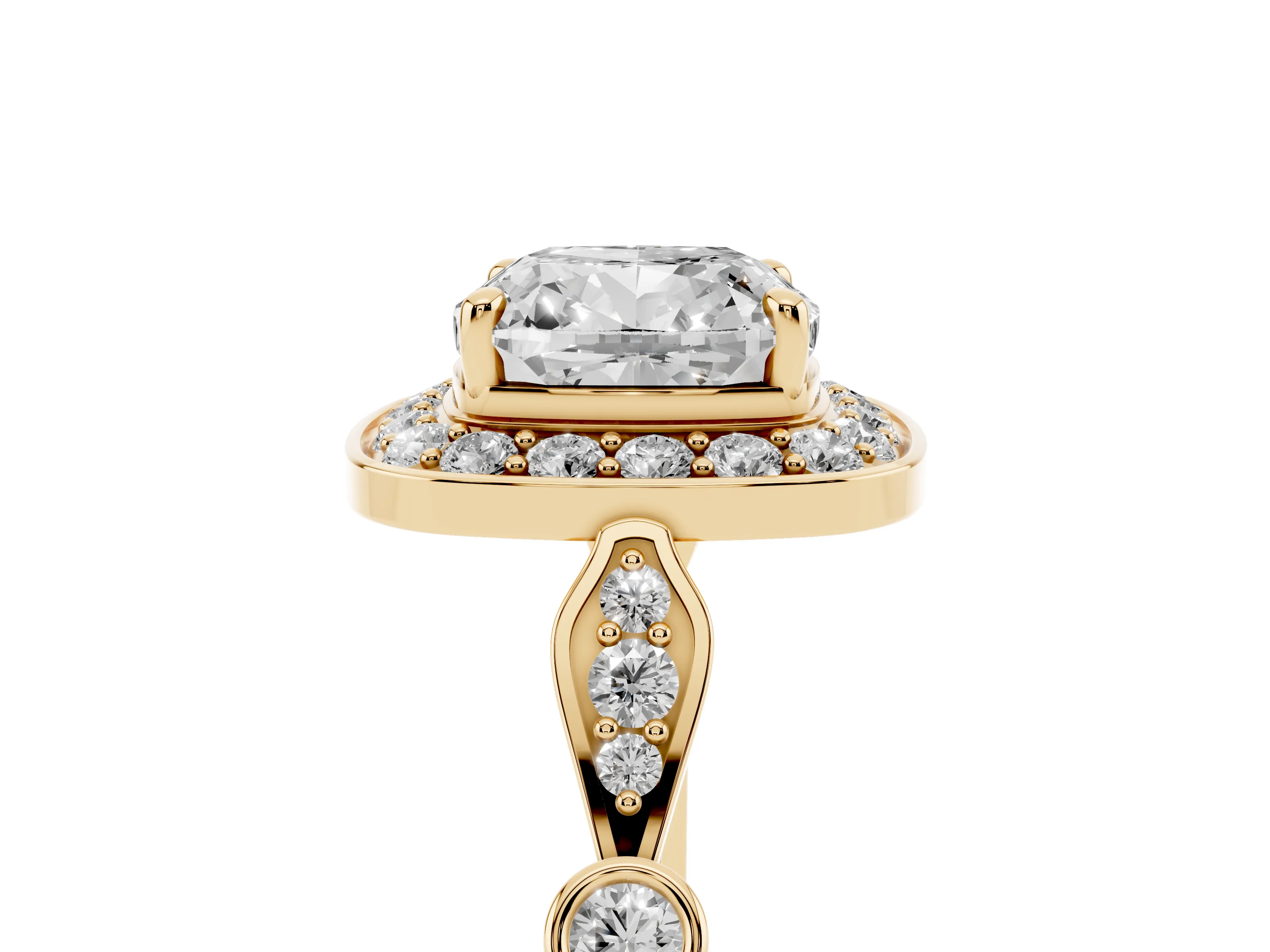 Cushion Cut Diamond Halo Engagement Ring Set in Yellow gold with Twisted Band and Prong Setting