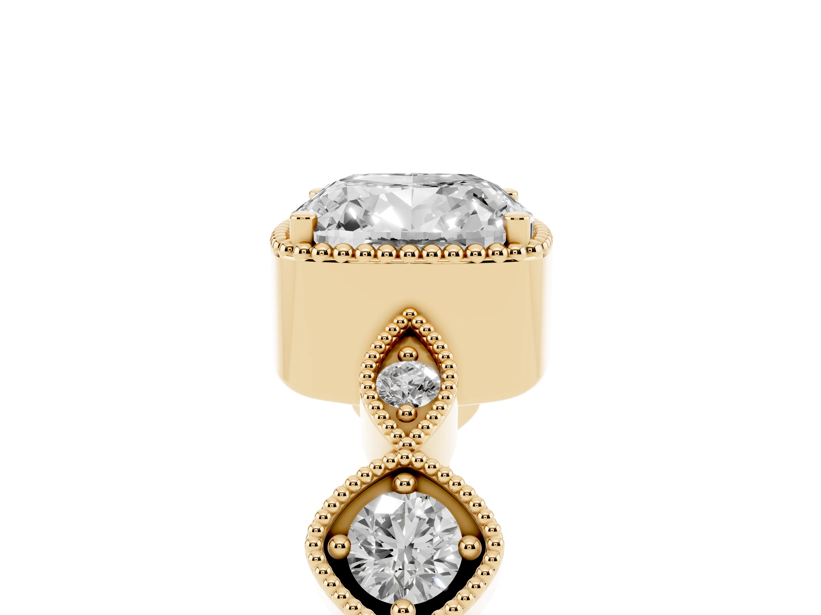 Cushion Cut Diamond Vintage-Inspired Milgrain Ring Set in Yellow gold with Marquise Stations of Round Accents