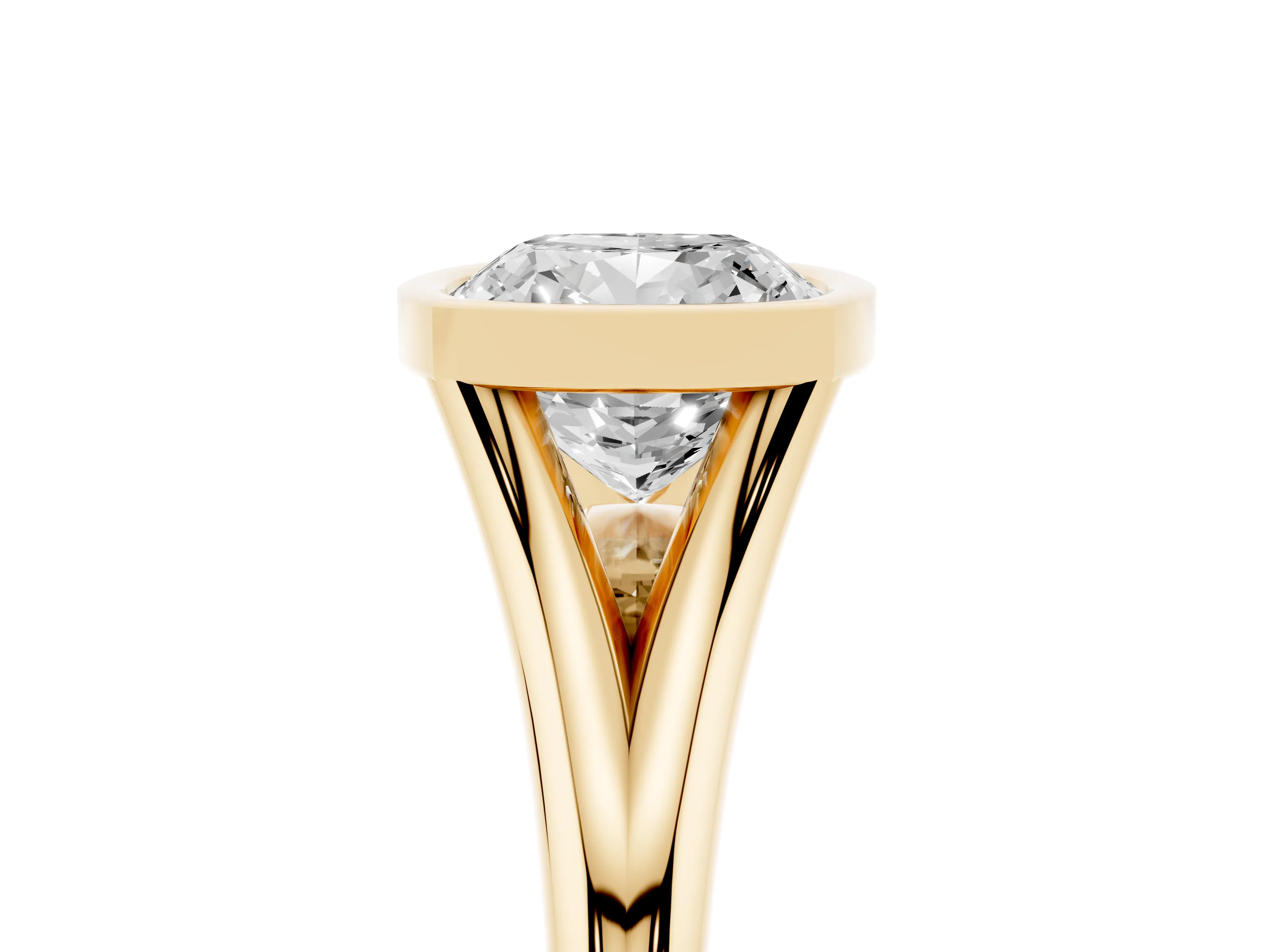 Bezel Set Cushion Cut Diamond Solitaire Ring Set in Yellow gold with Tapered Band
