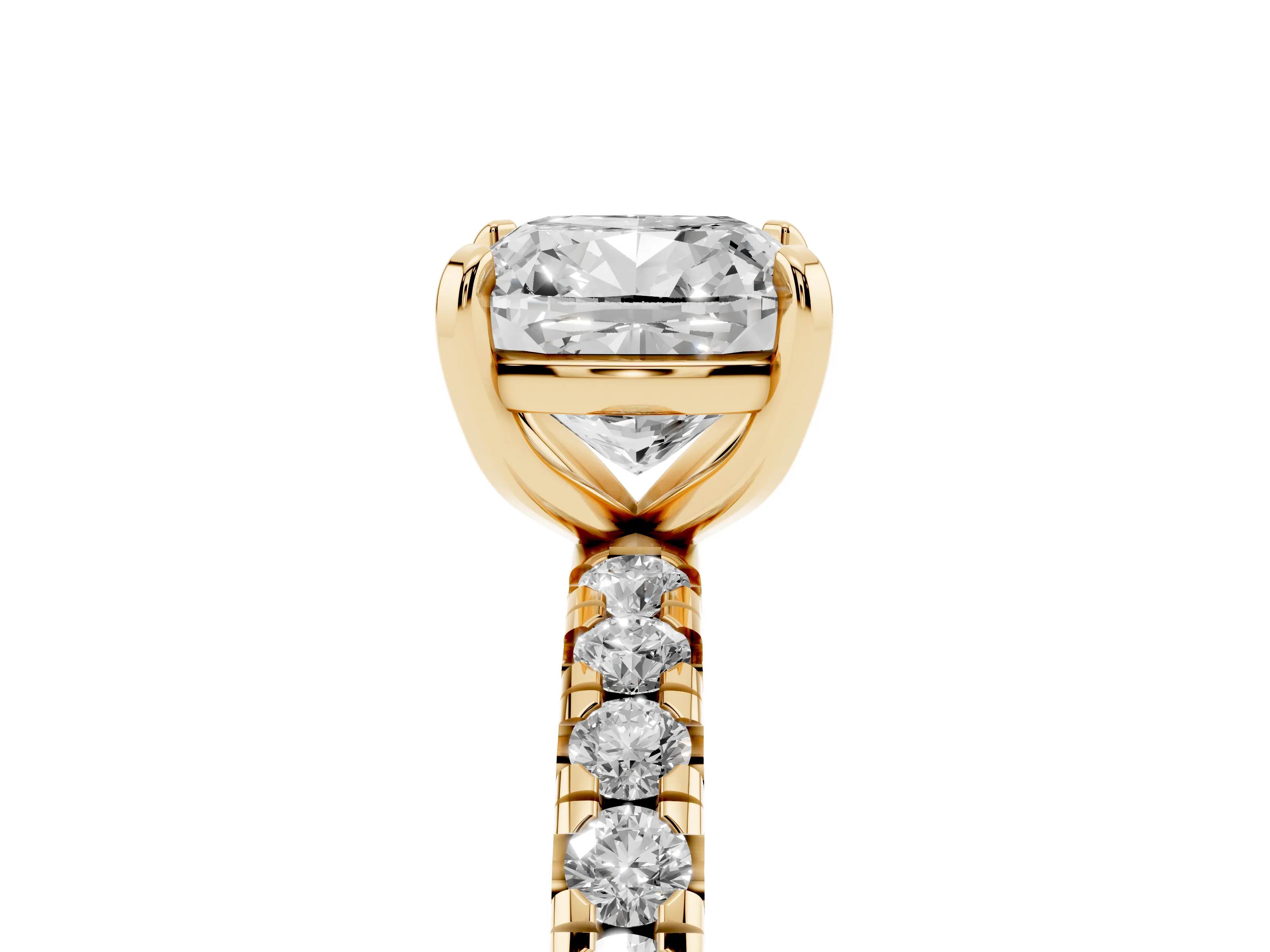 Cushion Cut Diamond Pavé Solitaire Ring Set in Yellow gold with Round Band and Prong Setting