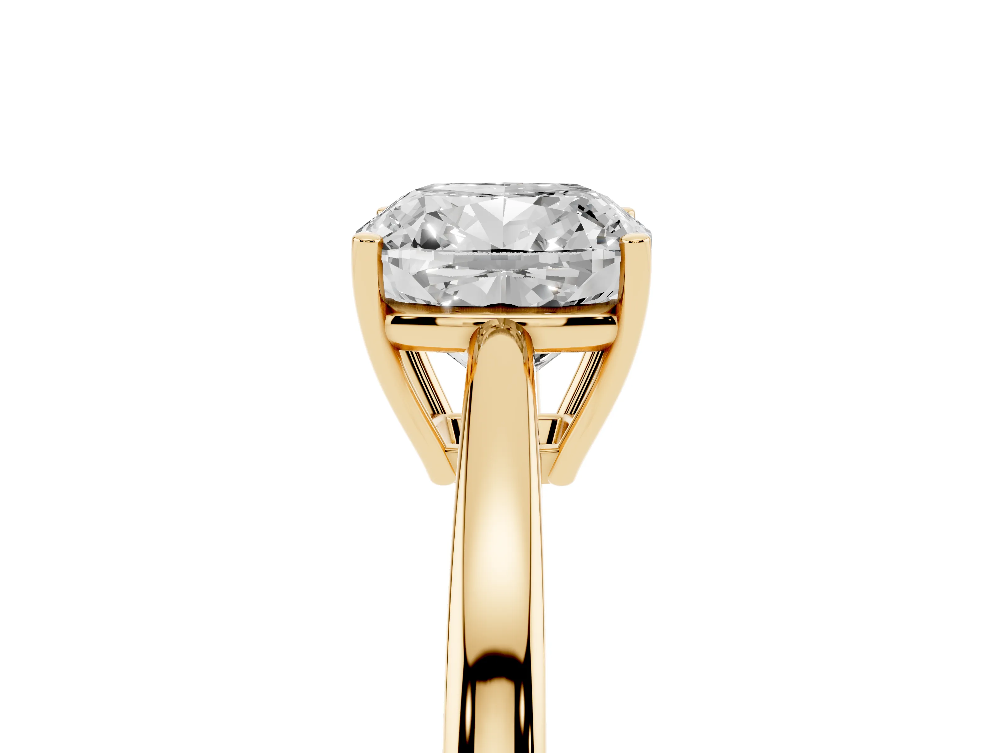 Cushion Cut Diamond Solitaire Ring Set in Yellow gold with Split Shank and Prong Setting