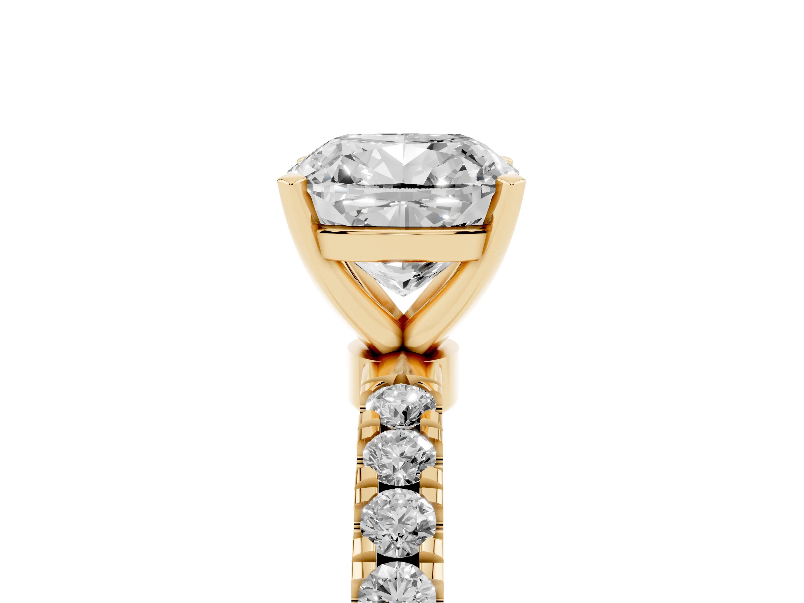 Cushion Cut Diamond Solitaire Ring Set in Yellow gold with Pavé Accents and Prong Setting