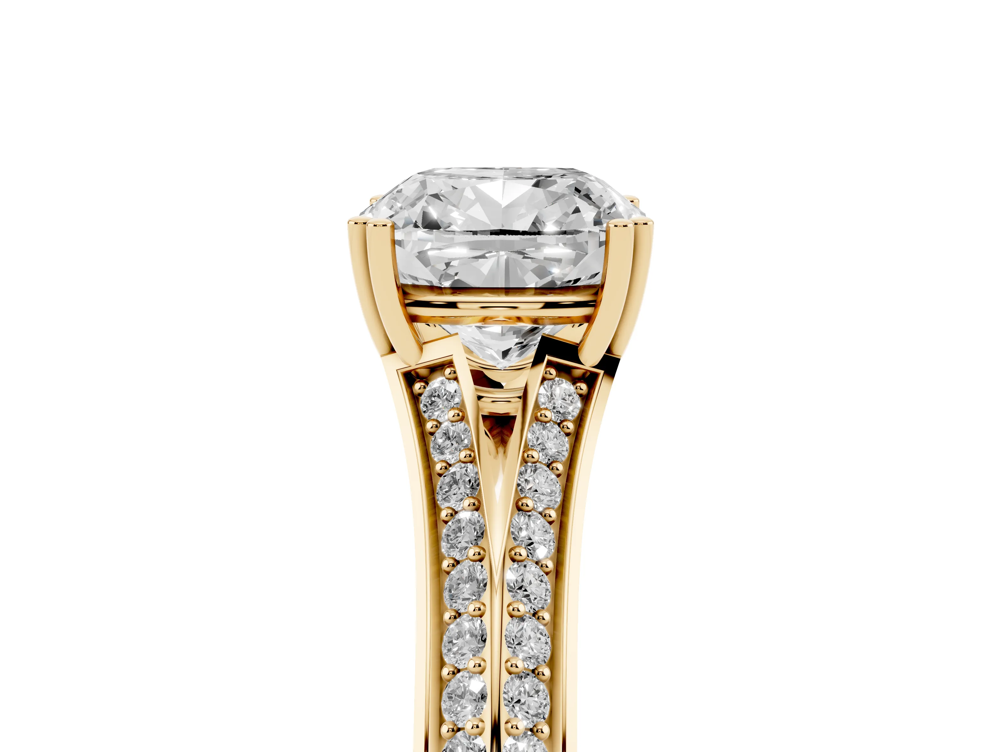 Cushion Cut Diamond Split Shank Pavé Engagement Ring Set in Yellow gold with Prong-Set Center Stone