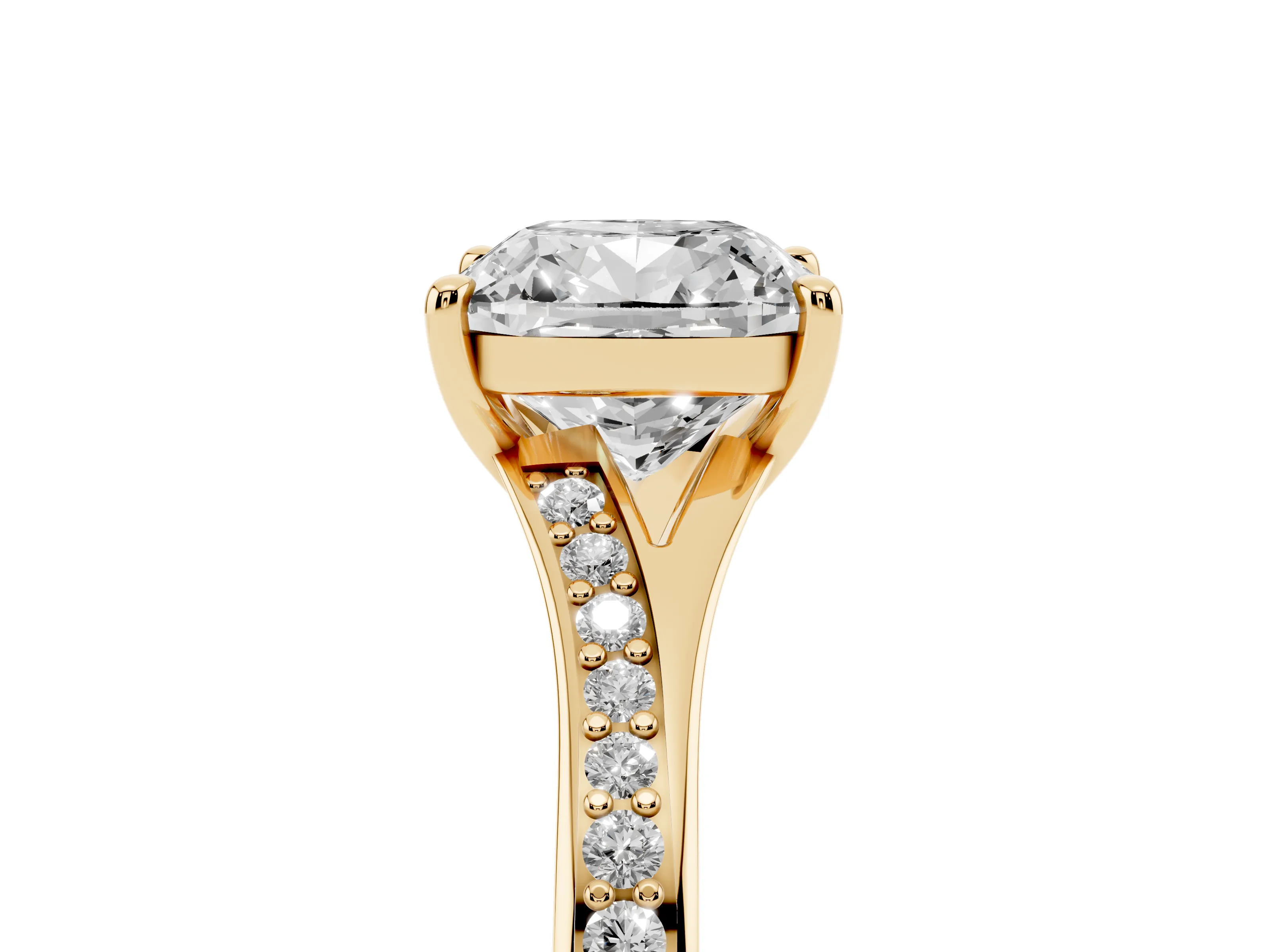 Cushion Cut Diamond Solitaire Ring Set in Yellow gold with Pavé Accent Band and Classic Prong Setting