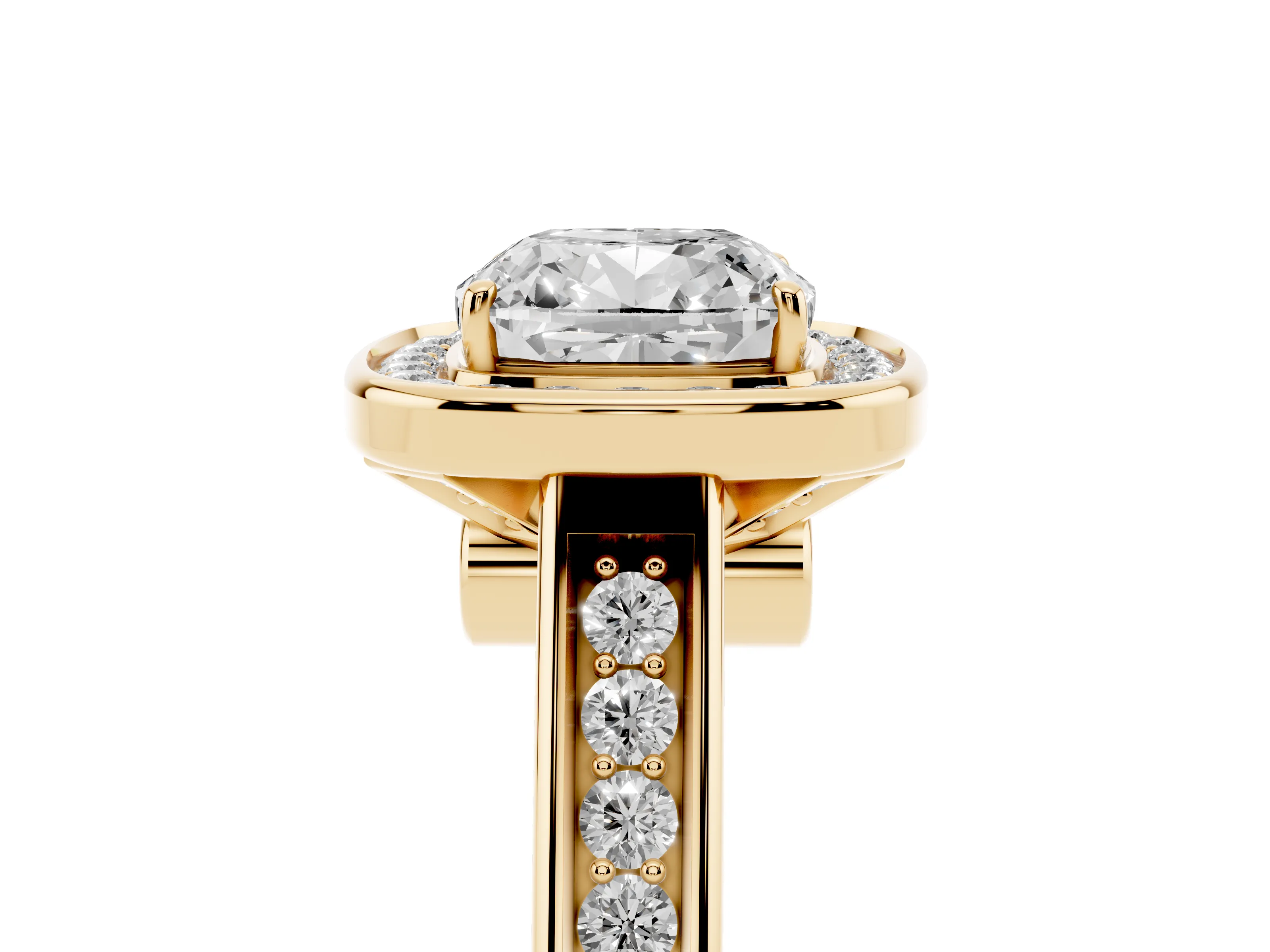 Cushion Cut Diamond Halo Solitaire Ring Set in Yellow gold with Pavé Band and Bezel Setting
