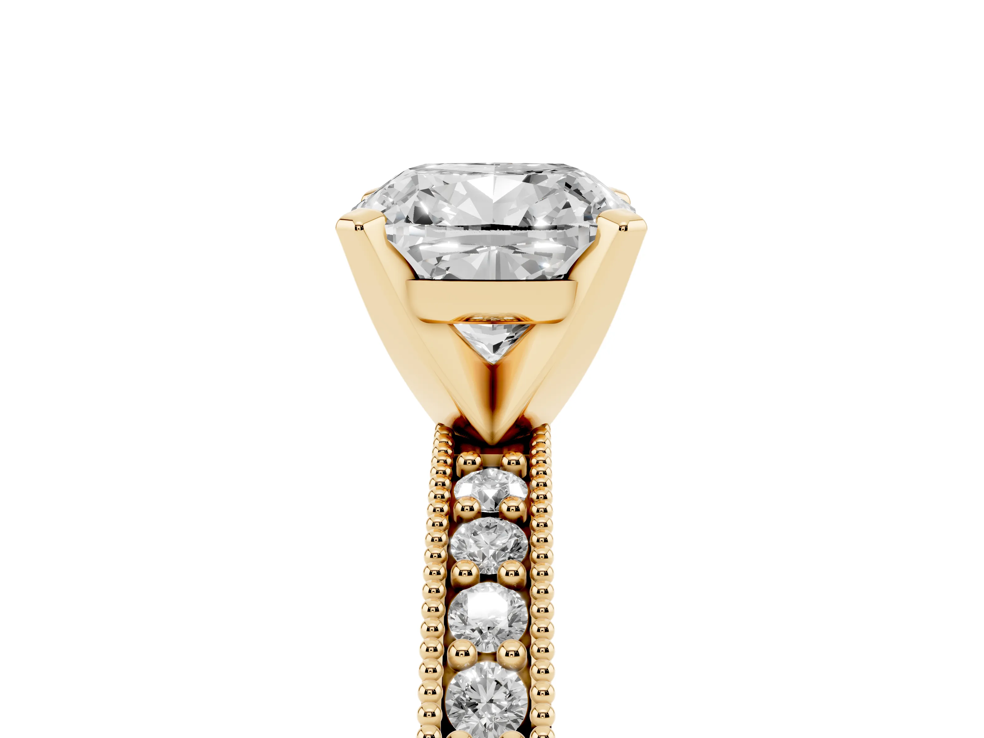 Cushion Cut Diamond Milgrain Pavé Engagement Ring Set in Yellow gold with Prong Setting