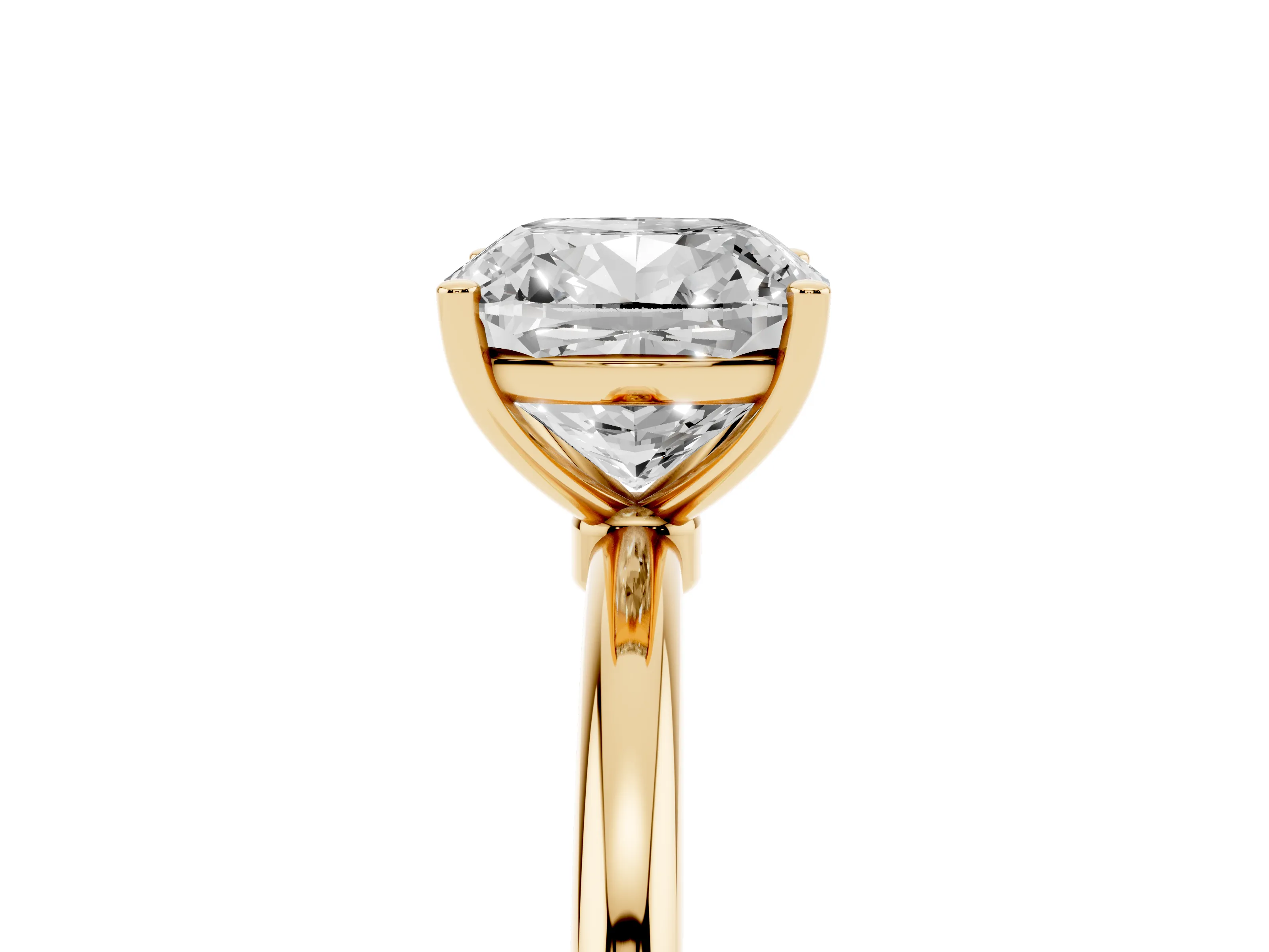 Cushion Cut Diamond Solitaire Engagement Ring Set in Yellow gold with Thin Band and Prong Setting